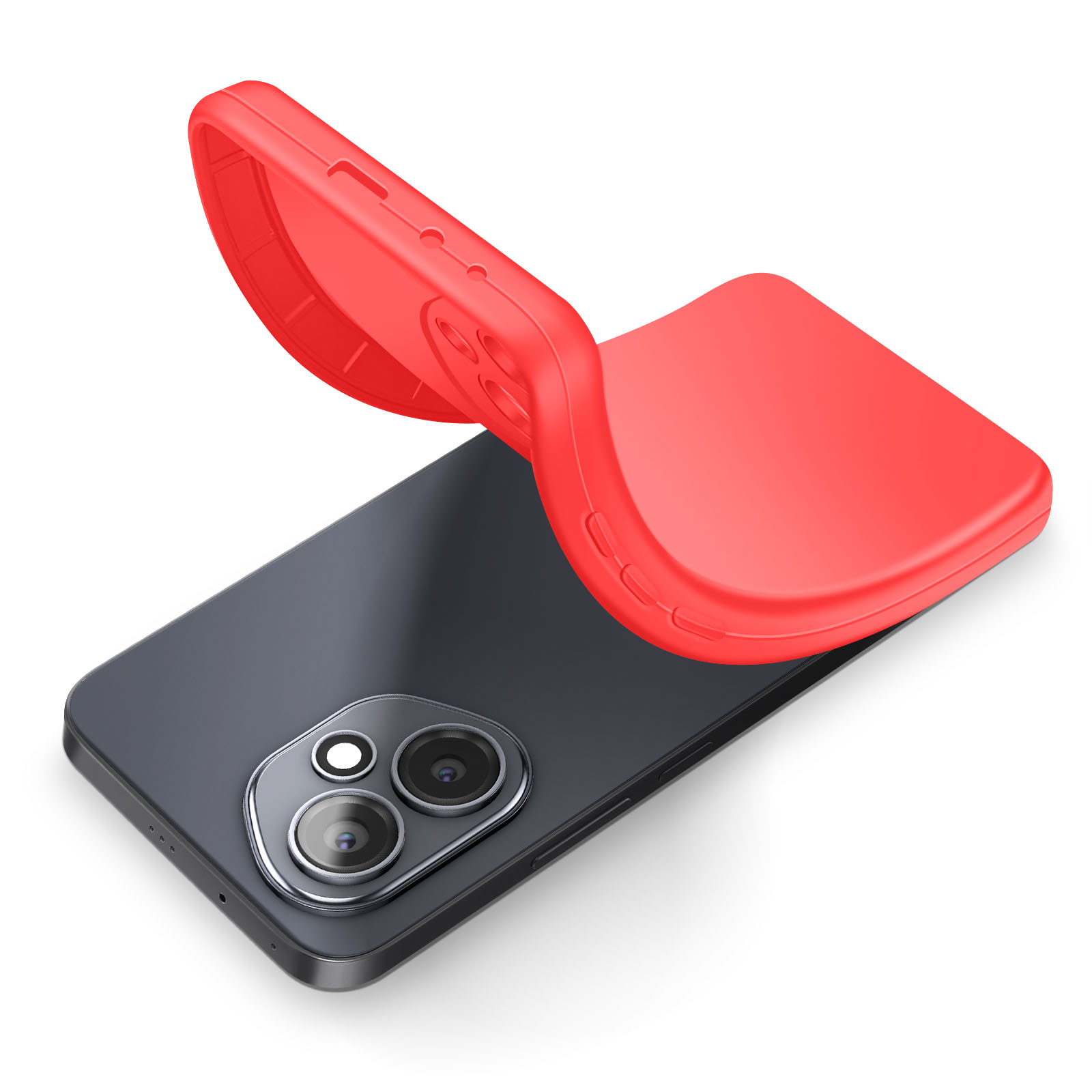Un téléphone avec une coque rouge partiellement ouverte. Le téléphone est gris foncé, la coque rouge.