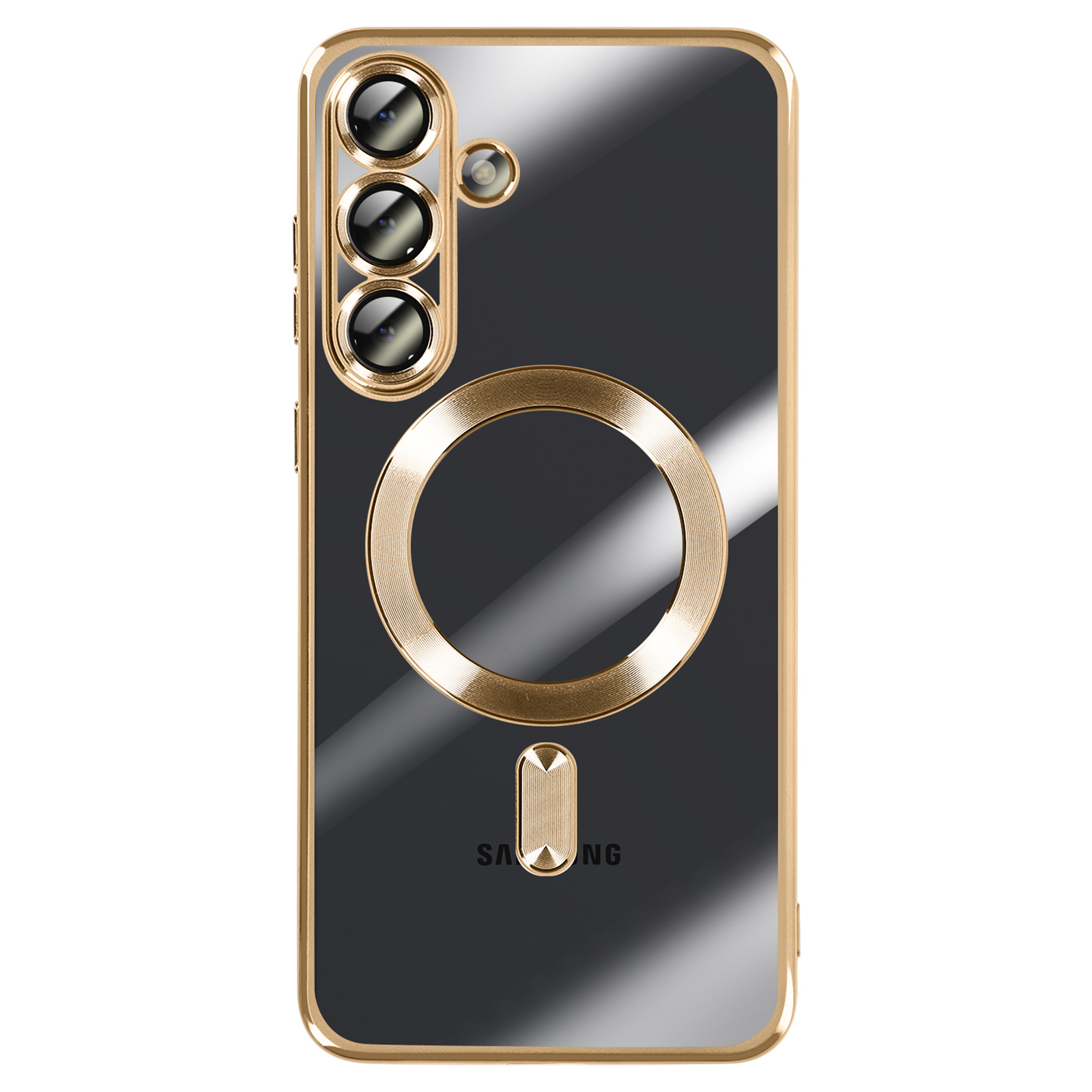 Een telefoonhoesje met een gouden frame en een zwart interieur. Het heeft een ring en een rechthoek in het midden.