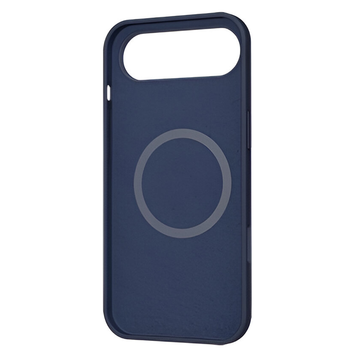 Una custodia blu navy per telefono. Ha un ritaglio per la fotocamera e un contorno circolare al centro, probabilmente per la ricarica wireless.