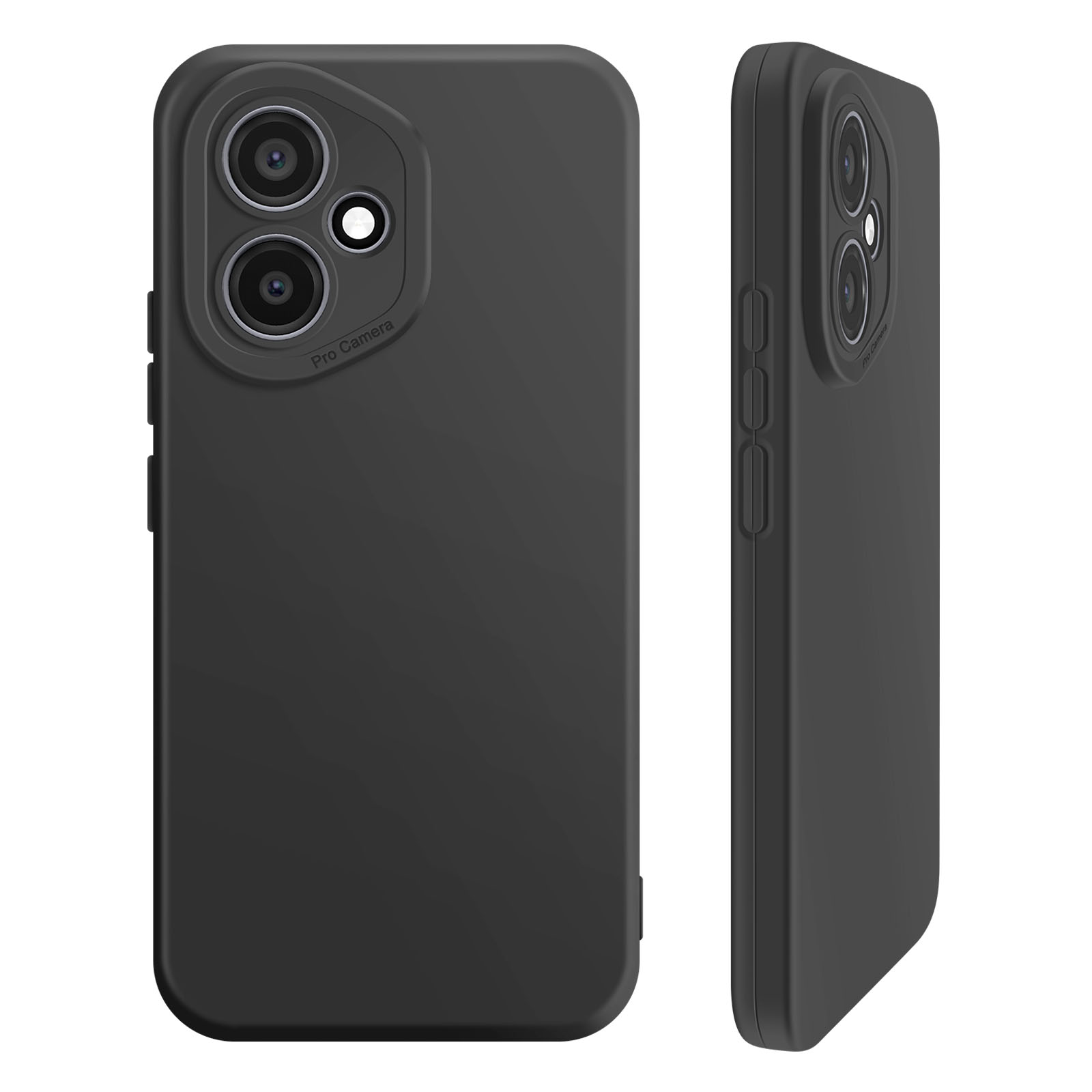 Zwarte telefoonhoes met twee cameralenzen, zijknoppen en het woord 'Pro Camera'.