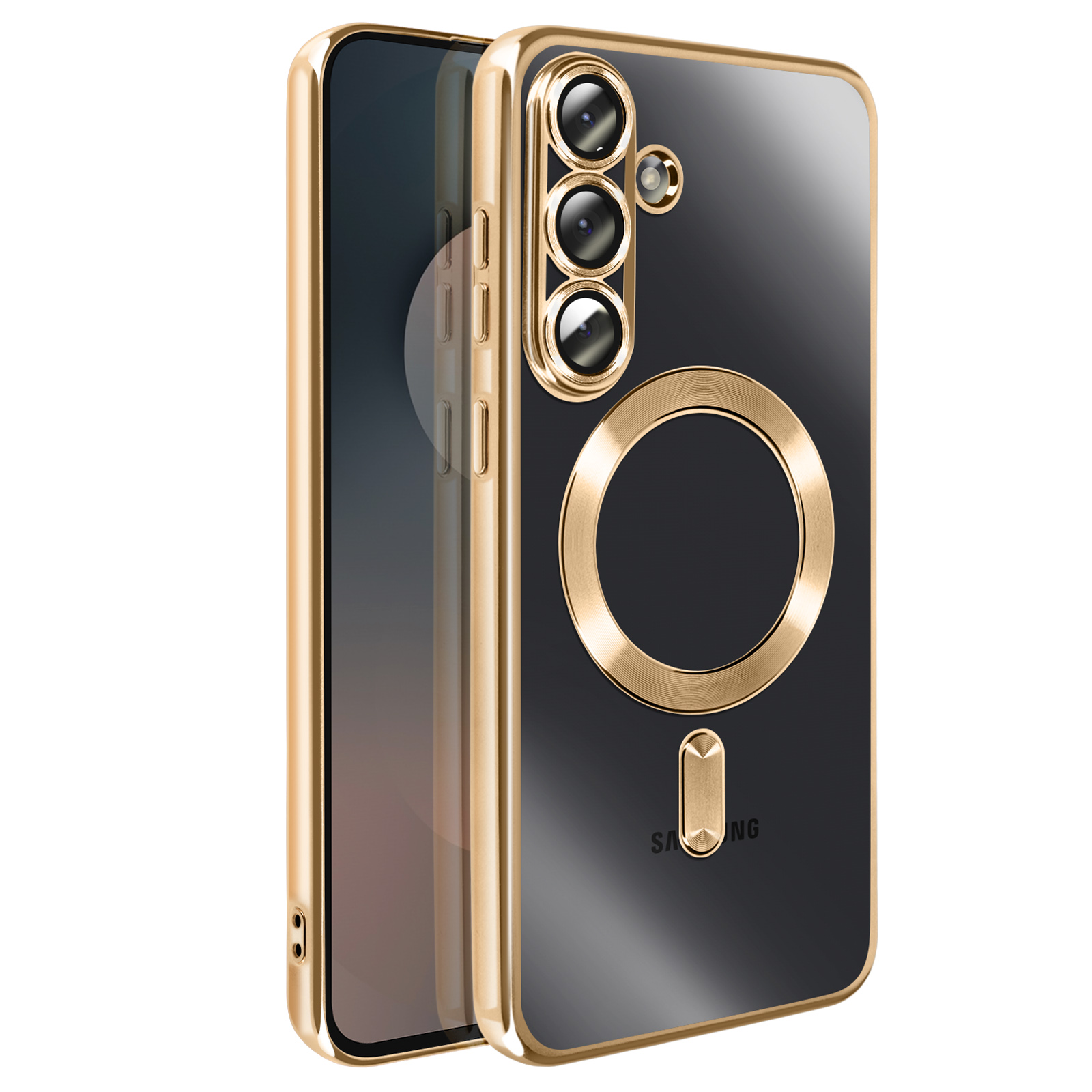 Een gouden telefoonhoesje met zwarte achterkant, ring en camera, de merknaam is zichtbaar.