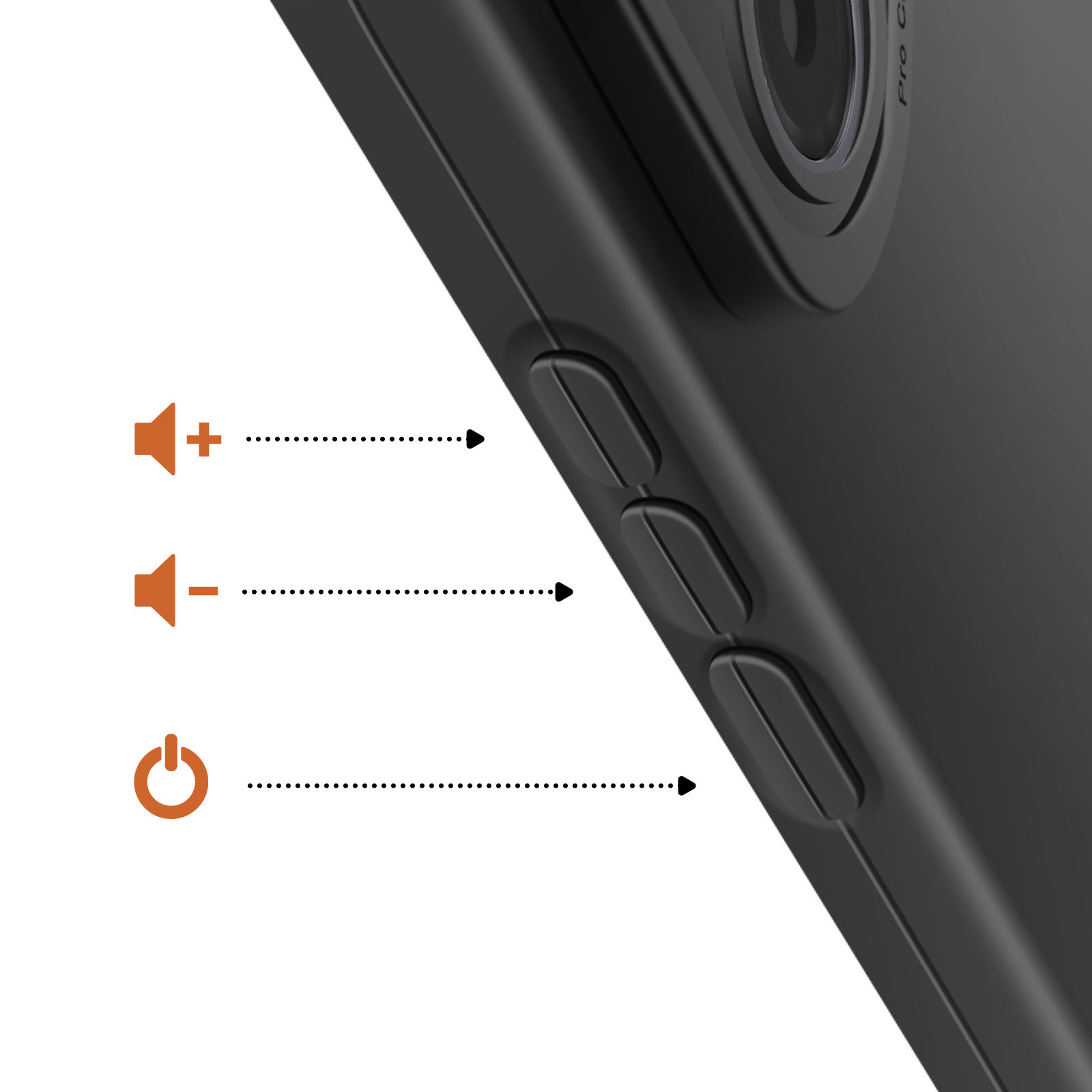Zwarte telefoon met zijknoppen. Volume omhoog, omlaag en aan/uit pictogrammen met stippellijnen naar de knoppen.