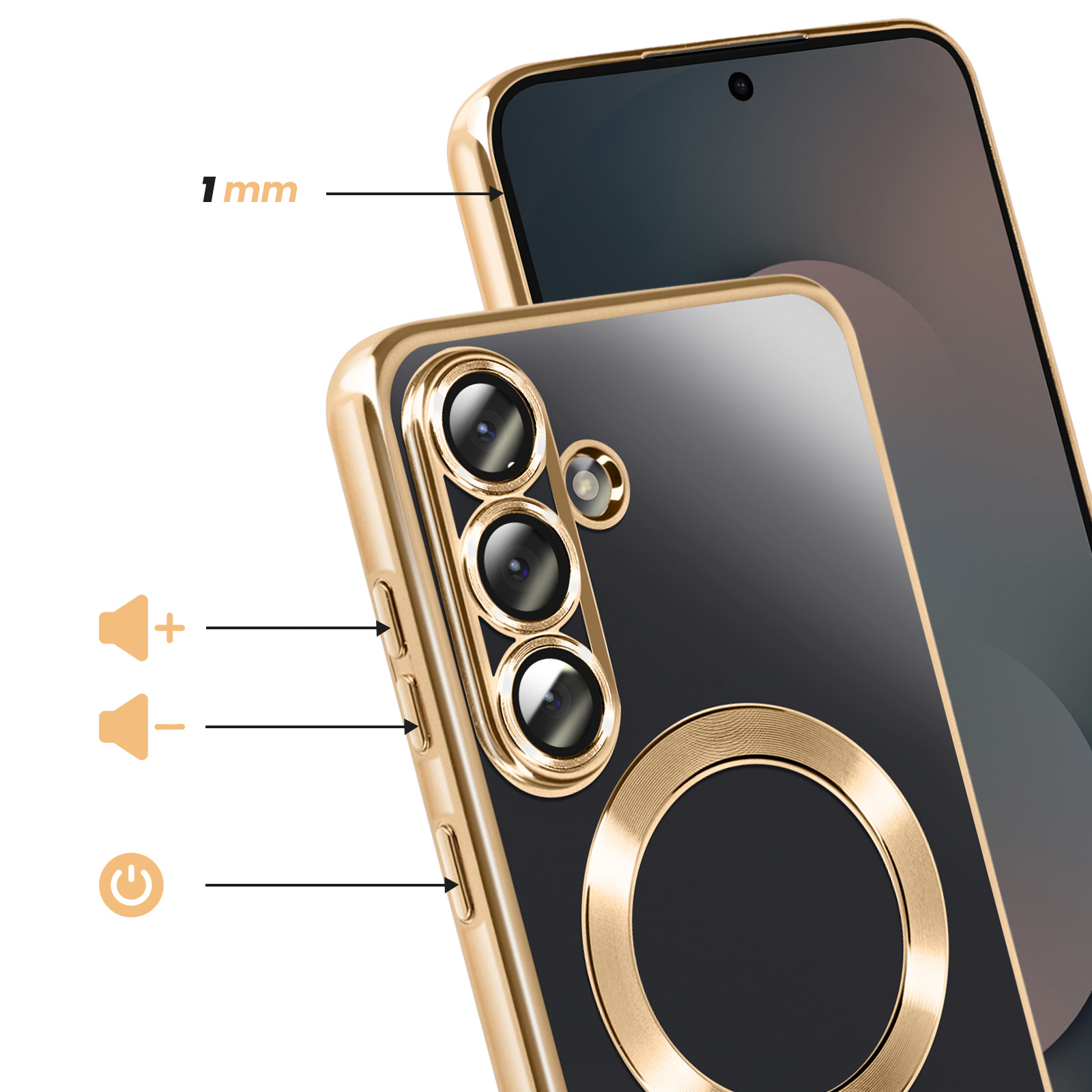 Close-up van een smartphone met gouden hoesje. Kenmerken zijn cameralenzen, volumeknoppen en een aan/uit-knop.