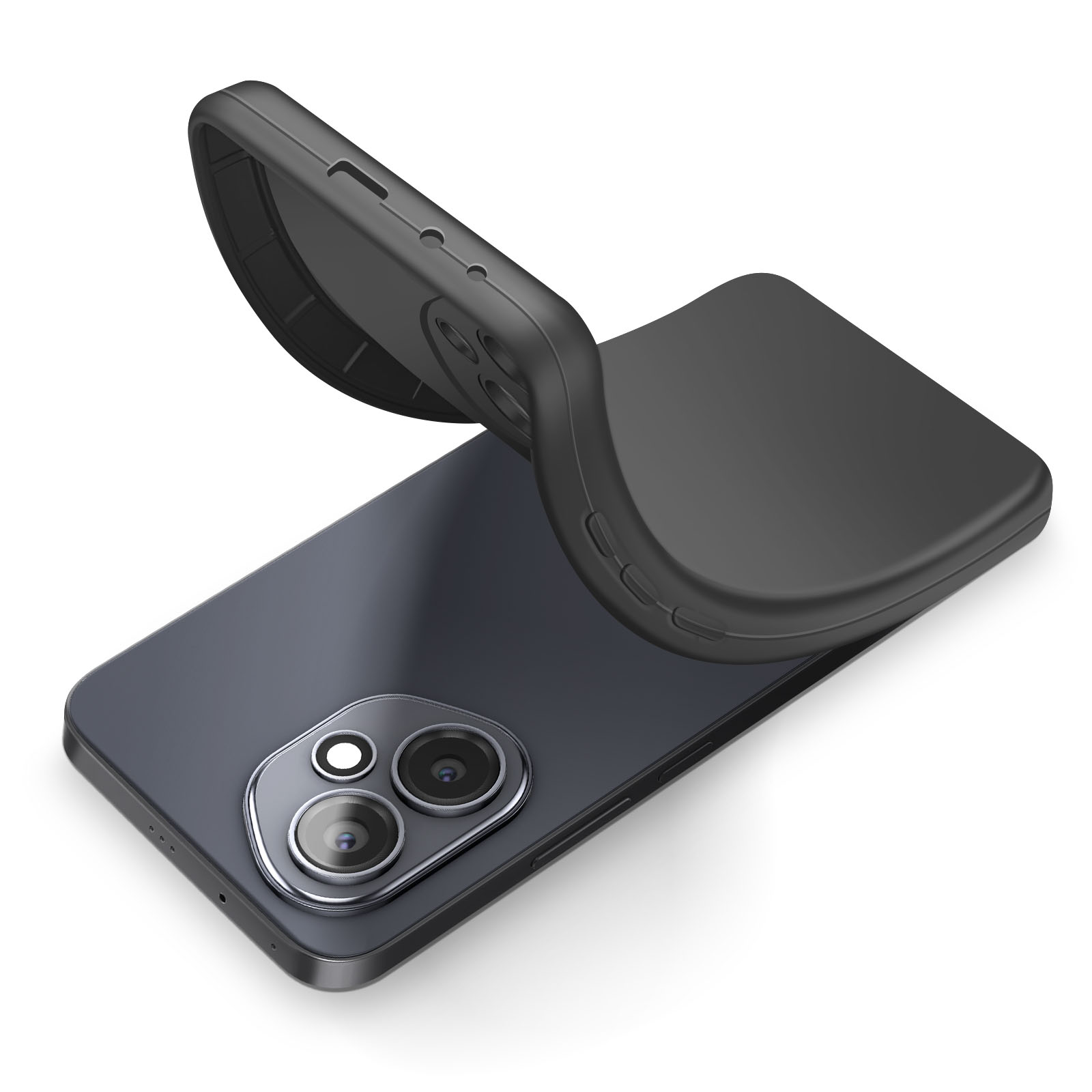Een donkergrijze telefoon met een zwarte hoes. De hoes is gedeeltelijk losgetrokken, waardoor de cameralenzen zichtbaar zijn.