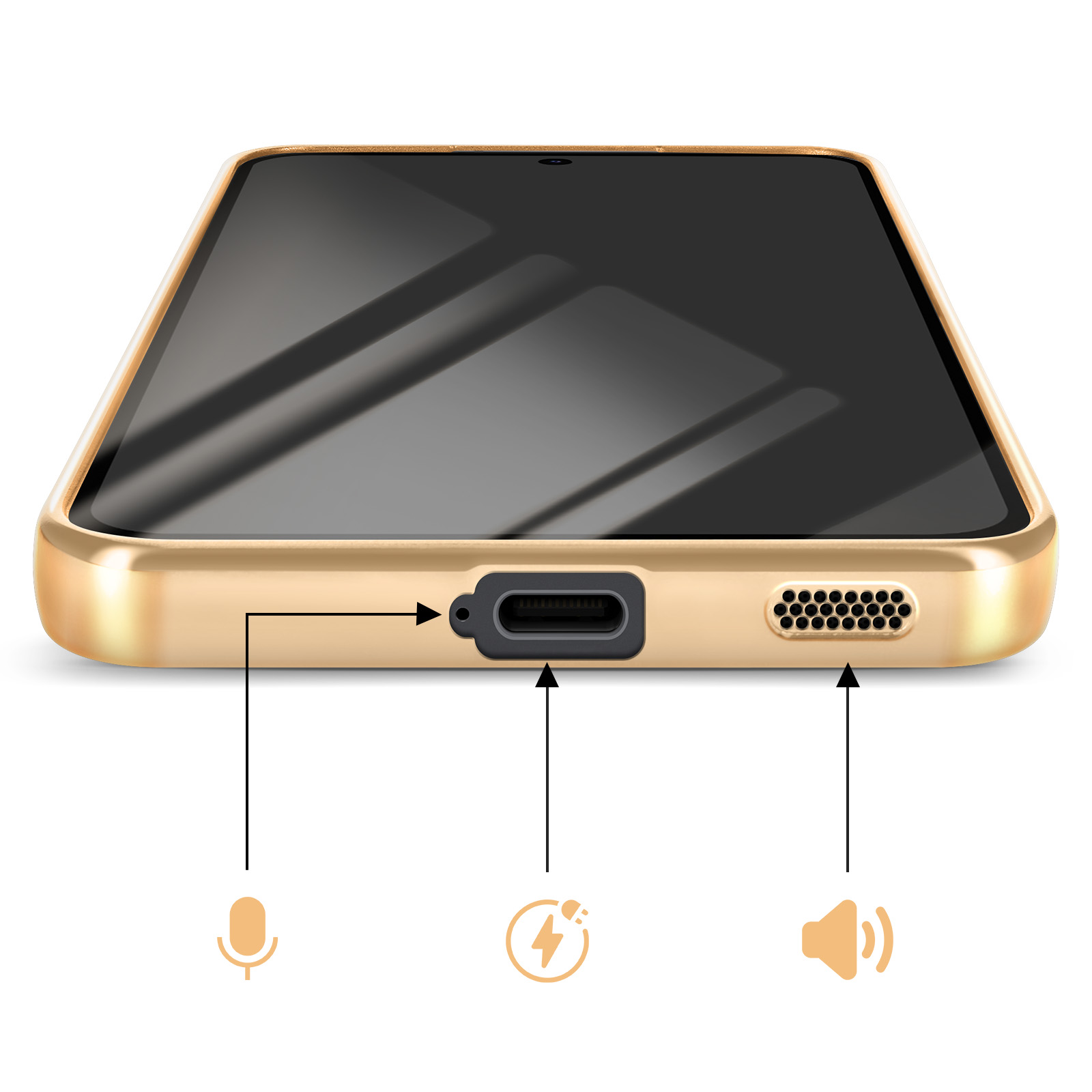 Gouden telefoon onderkant met microfoon, oplaadpoort en luidsprekersymbolen.