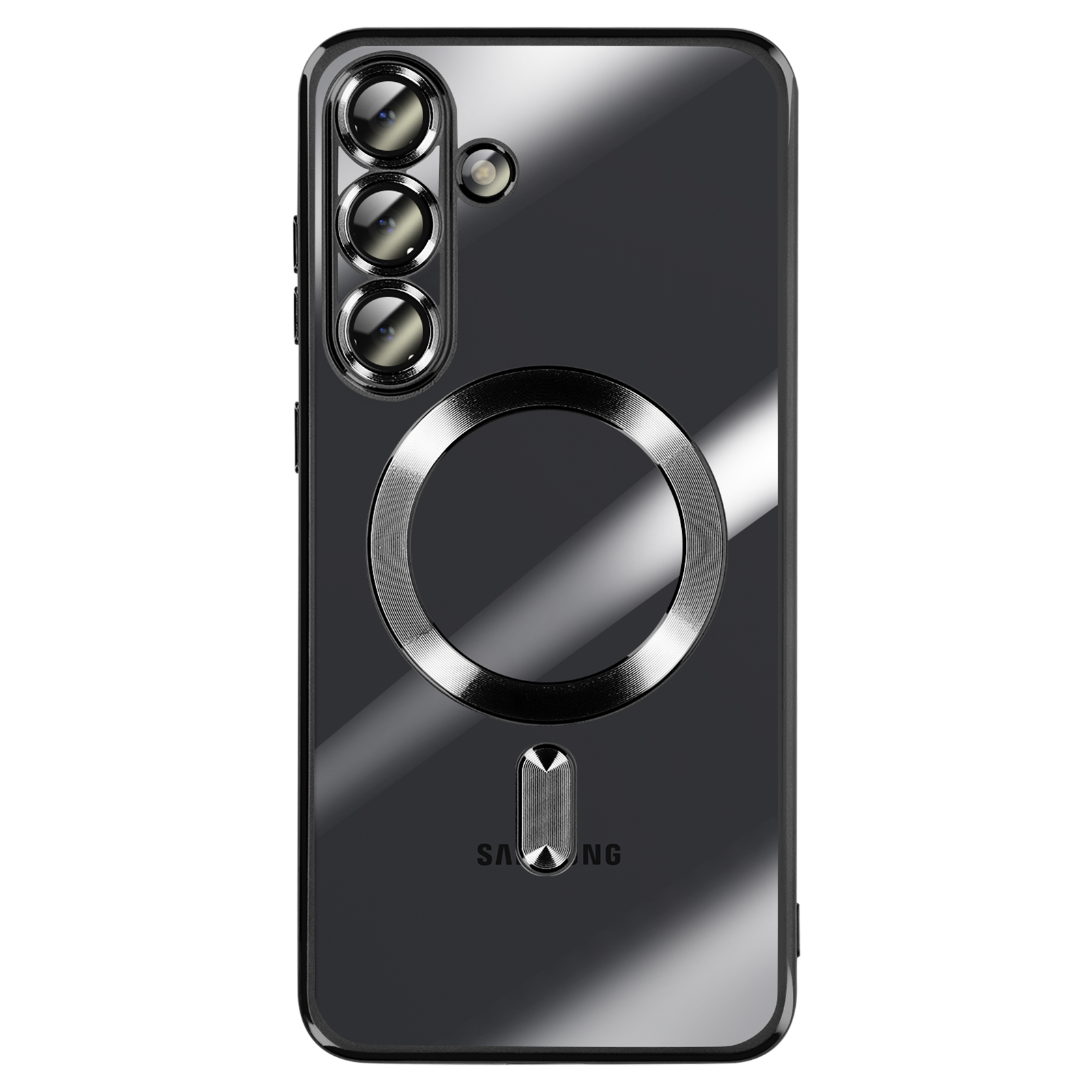 Een transparante, glanzende telefoonhoes met een magnetische ring en een camera-array. De telefoonhoes is zwart. De achtergrond is wit.