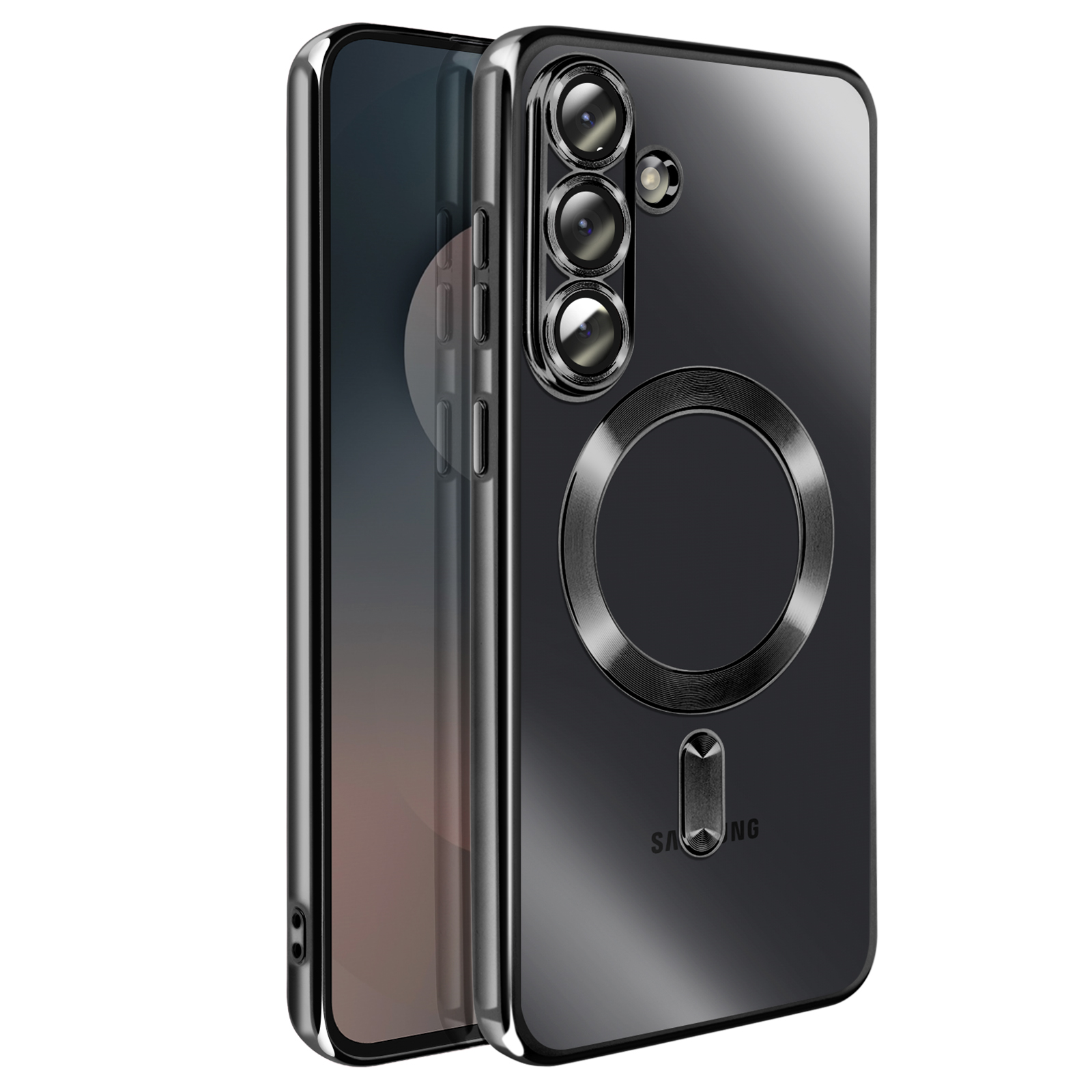 Zwarte telefoonhoes met cameralenzen, zilveren ring en Samsung-logo, reflecteert licht.