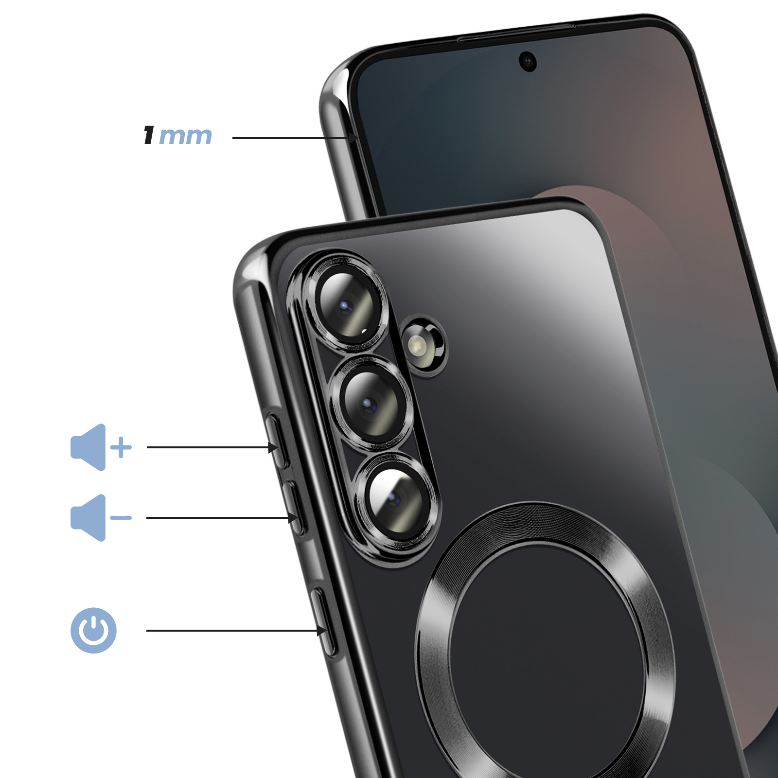 Close-up van een telefoon met beschermhoes. Functies zijn volume-, aan/uit-knoppen en een camera-opstelling.