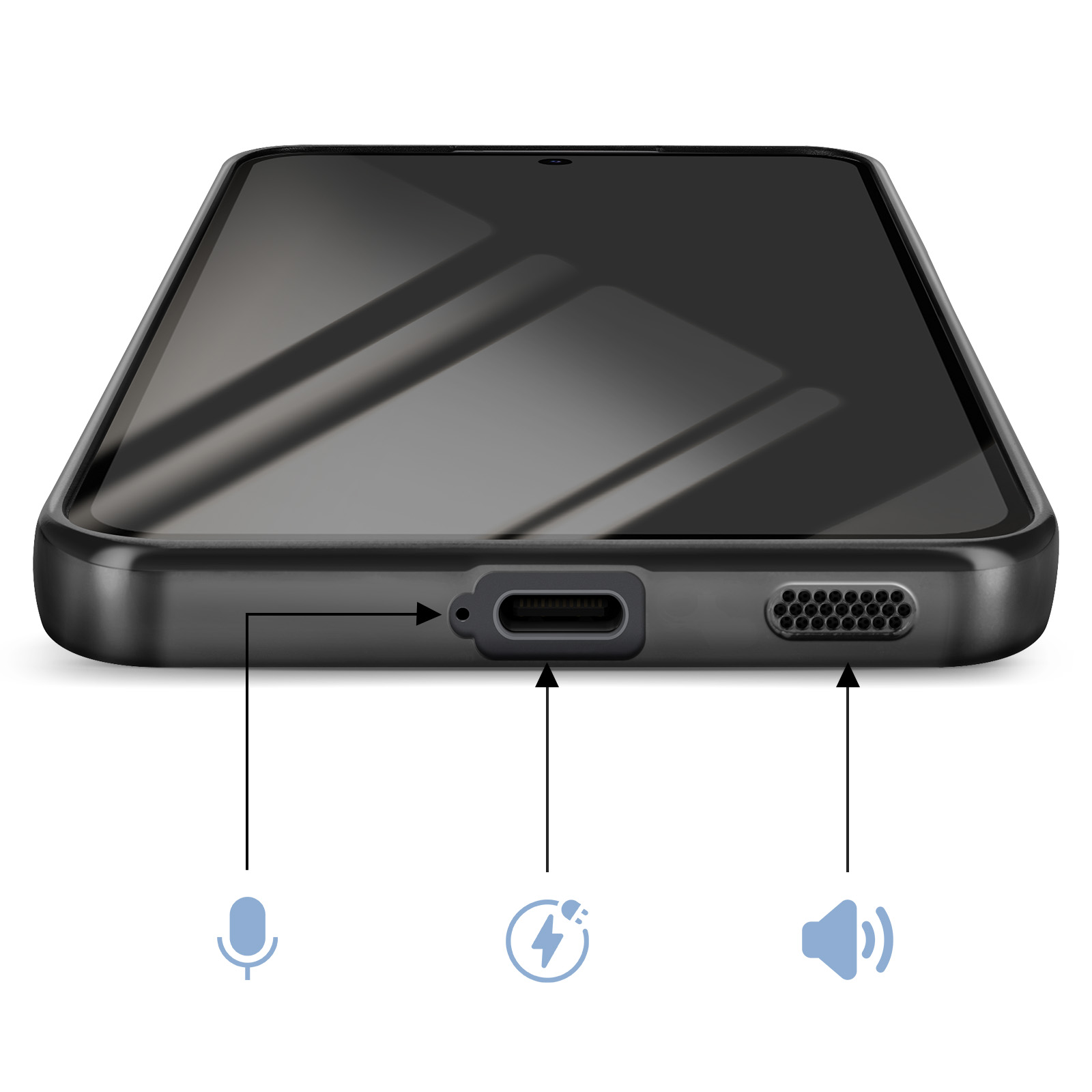 Een close-up van de onderkant van een zwarte smartphone met microfoon, oplaadpoort en luidspreker.