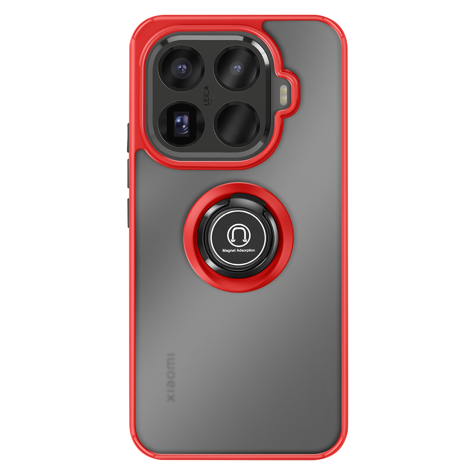 Een telefoonhoesje met een rood frame, grijze achterkant en een ringhouder. Het heeft een camera met Leica-merk.
