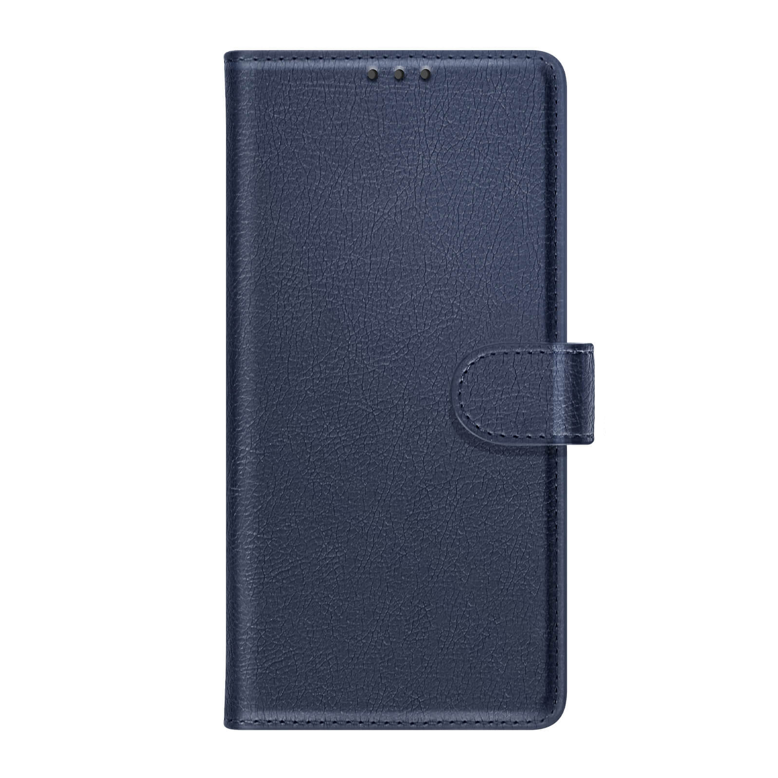 Una custodia per telefono in pelle blu scuro con chiusura magnetica e tre piccoli fori nella parte superiore.