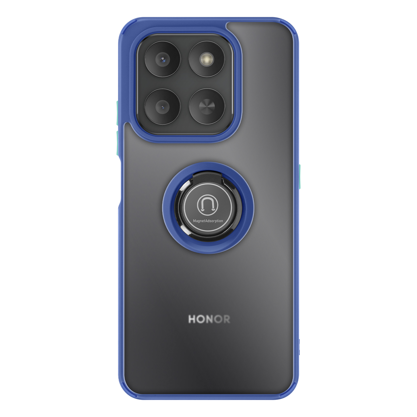 Telefoon met blauwe hoes. Heeft vier camera's en een ringhouder. De merknaam HONOR is zichtbaar.