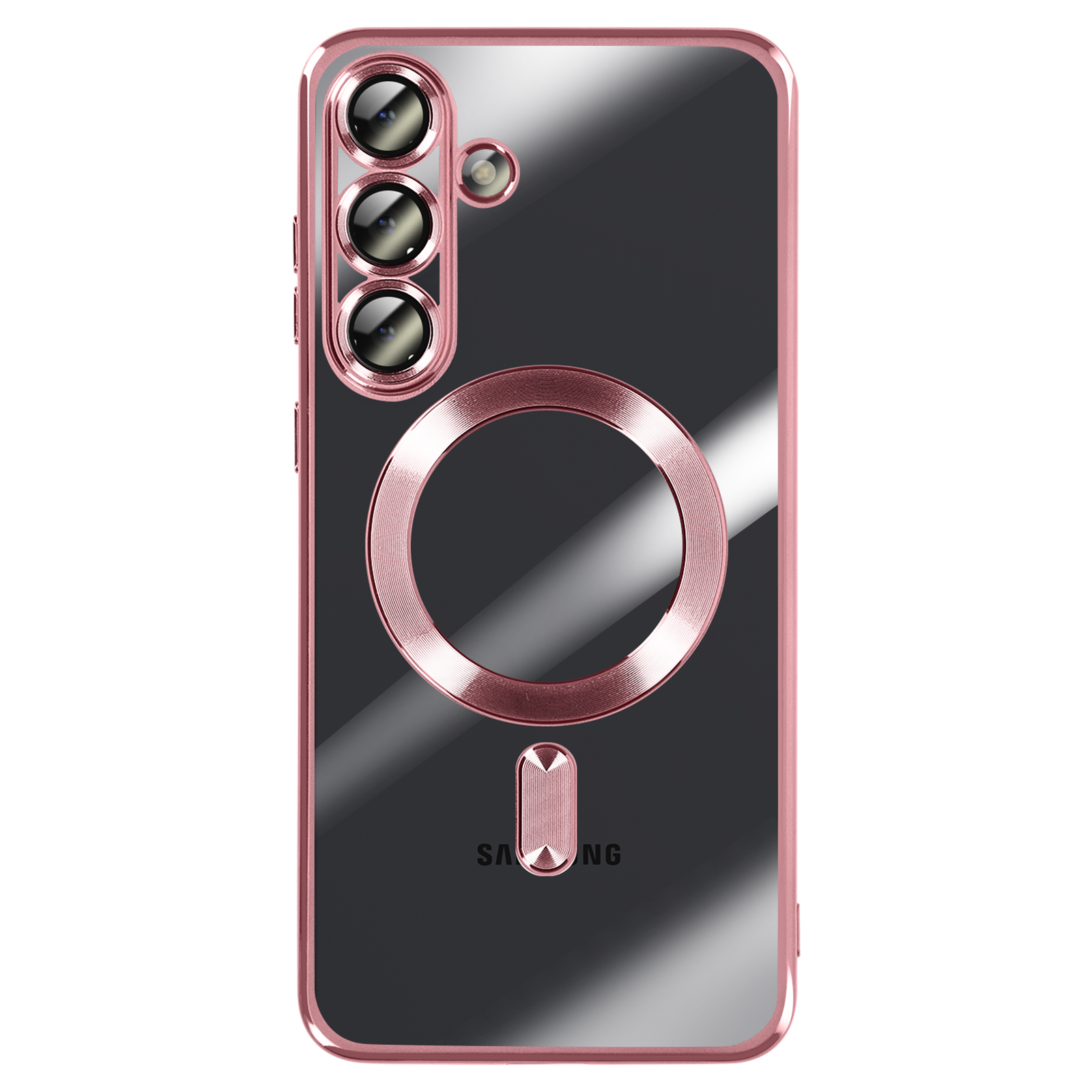 Een doorzichtige telefoonhoes met een roze metalen frame en accenten. Het heeft een camera-opstelling en een cirkelvormig magnetisch element.