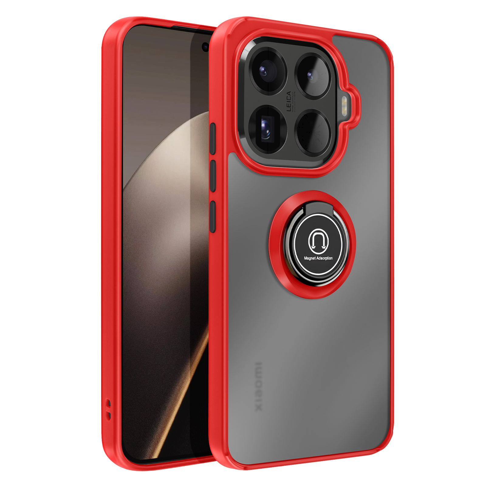 Een rode telefoonhoes met een telefoon erin. Het heeft een ringhouder en cameradetails.
