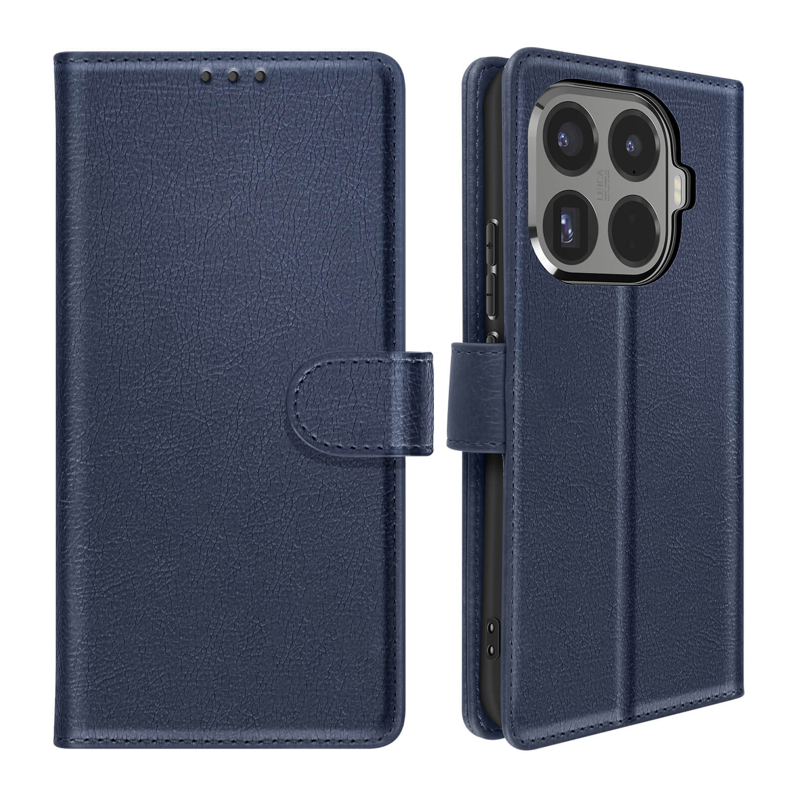 Custodia per telefono in pelle blu scuro, aperta per rivelare un telefono. La custodia ha una chiusura magnetica.