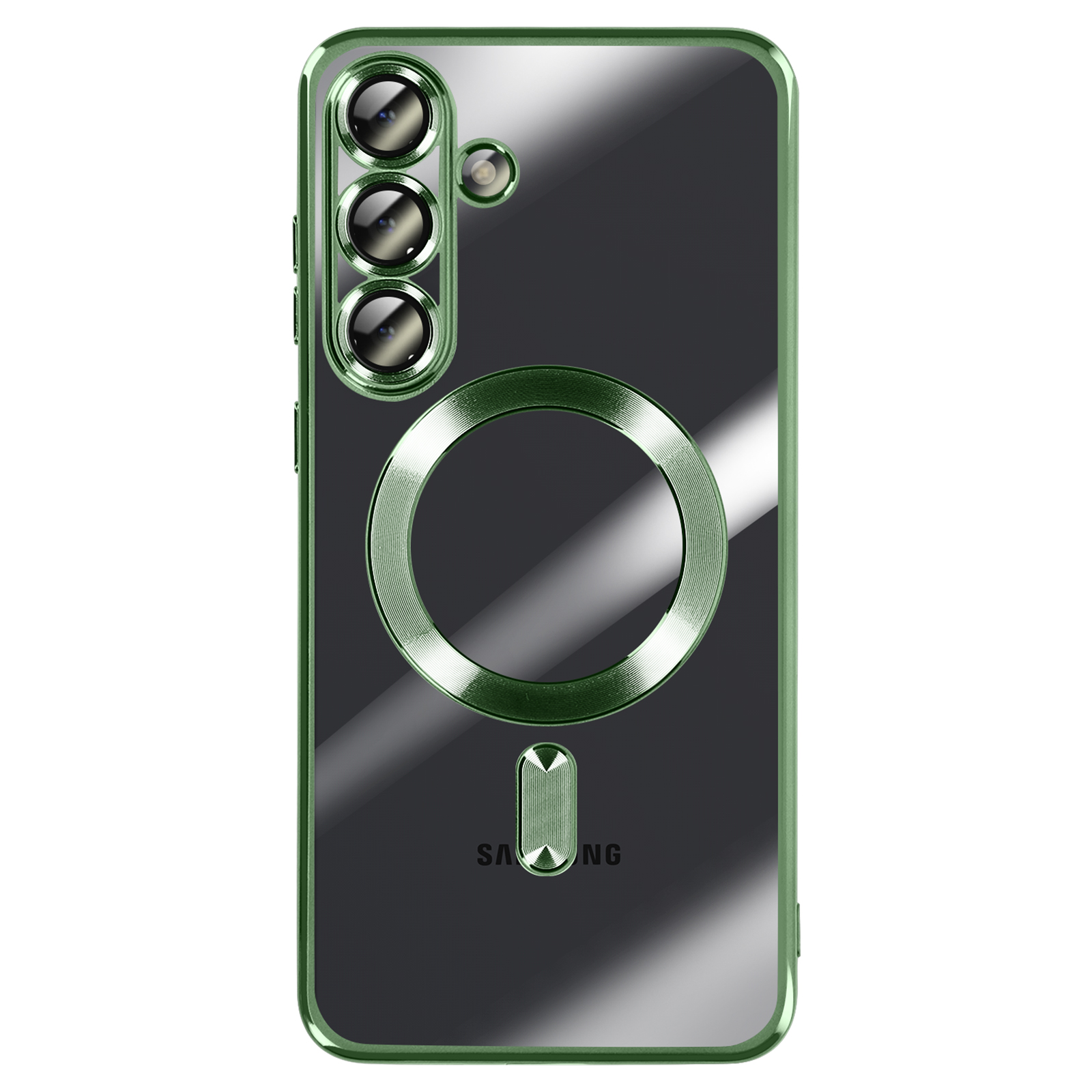 Een transparante telefoonhoes met groene accenten. Het heeft een camera-uitsparing, een ring en een rechthoekige vorm op de achterkant.