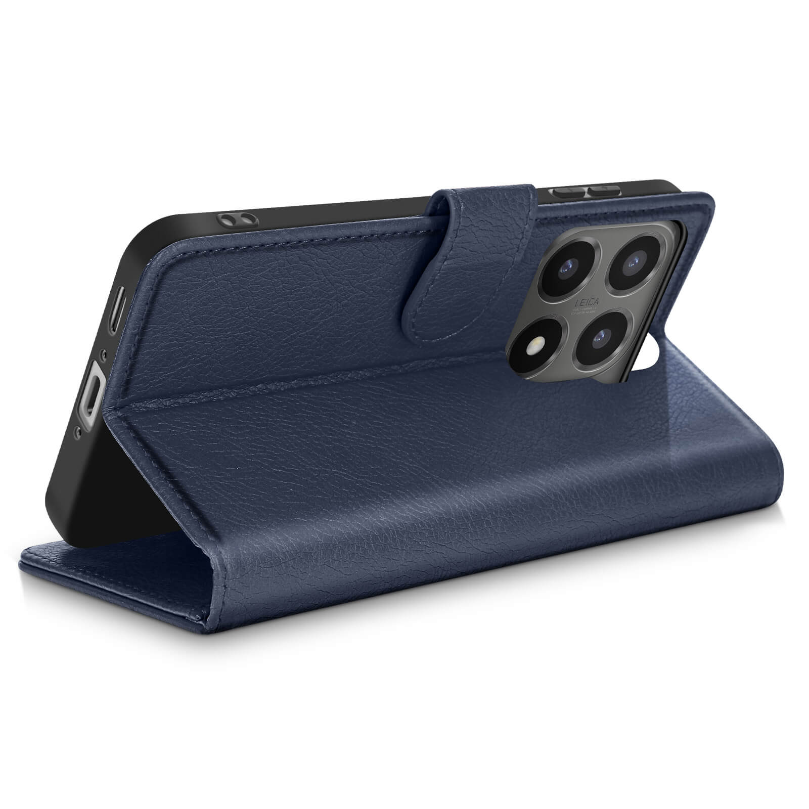 Una custodia blu navy con un telefono dentro. La custodia è aperta, mostrando le lenti della fotocamera.