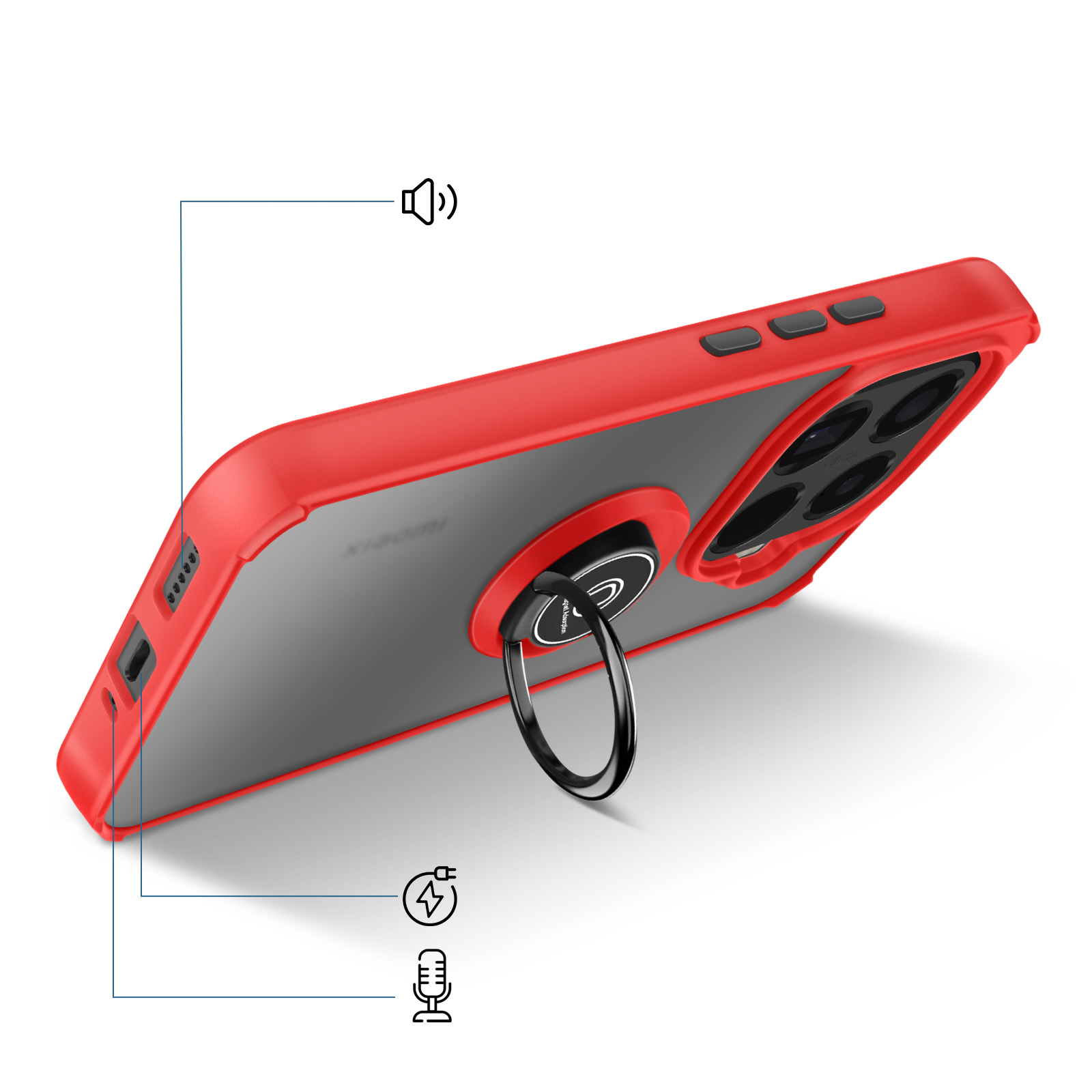 Een rood telefoonhoesje met een ringstandaard wordt schuin op een wit oppervlak weergegeven.