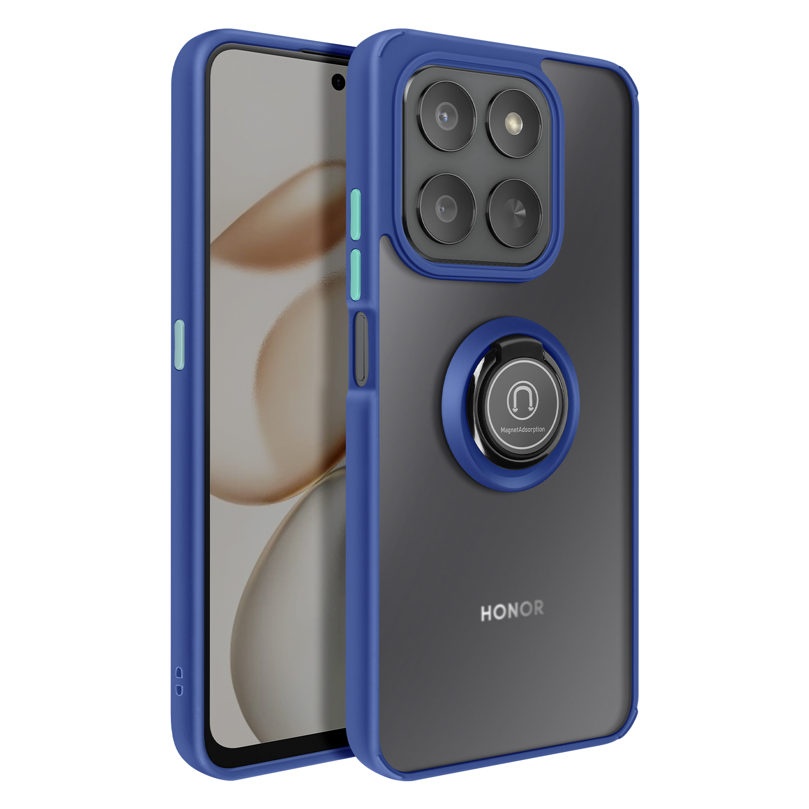 Een blauw telefoonhoesje met een ringstandaard op een telefoon met vier achtercamera's en de merknaam HONOR.