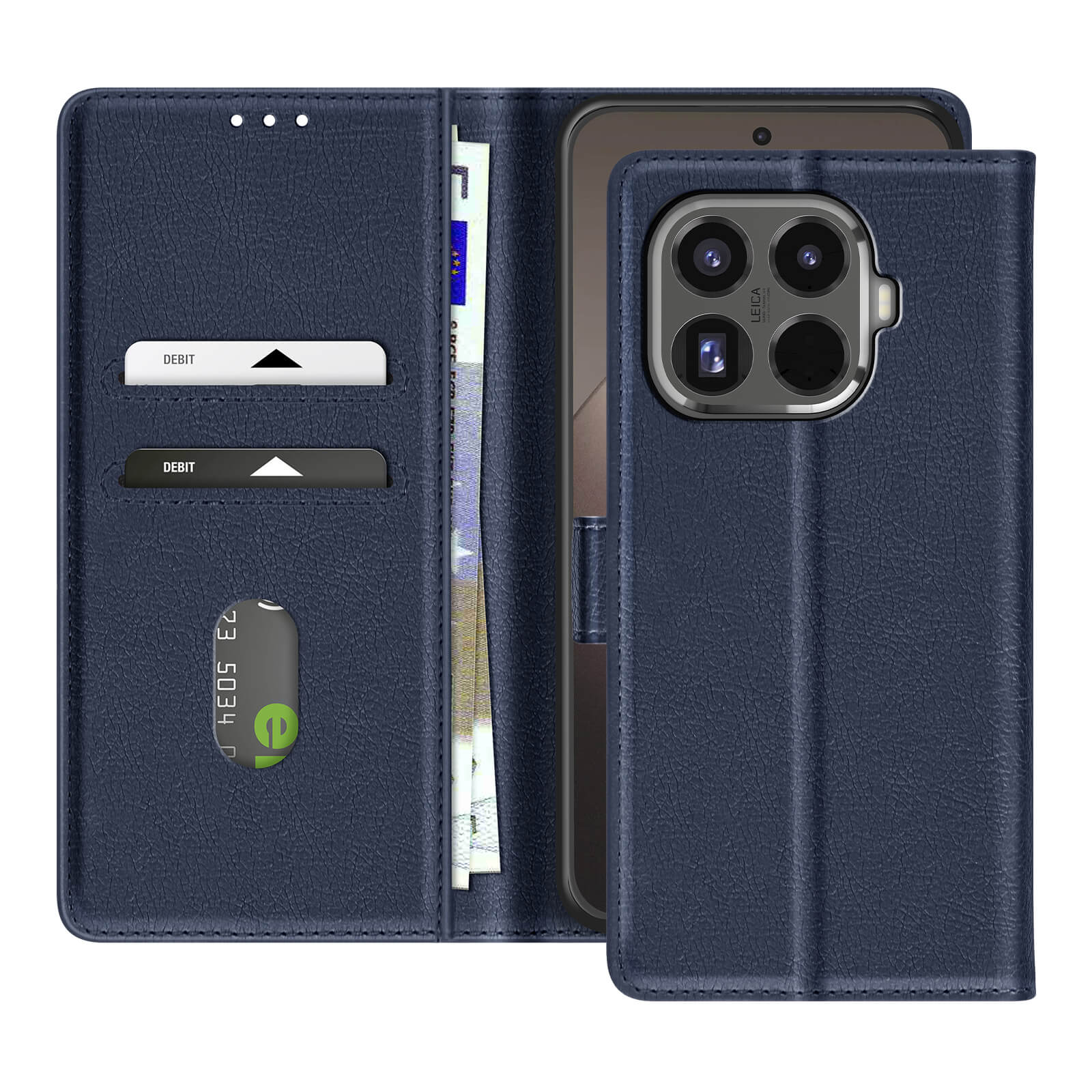 Una custodia a portafoglio in pelle blu contiene un telefono, carte e banconote in euro, mostrando funzionalità e design.