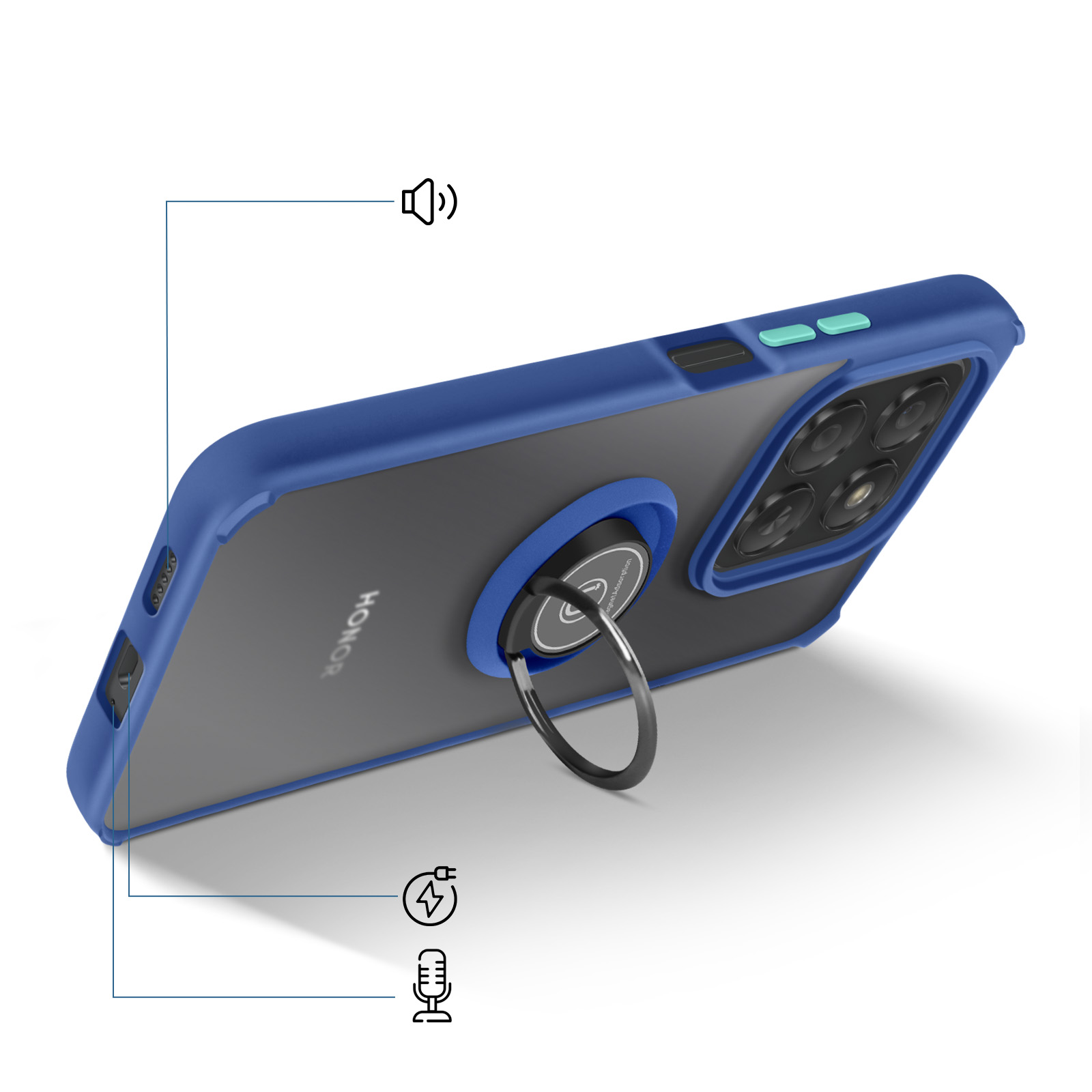 Blauwe telefoonhoes met ringhouder. Met volume-, aan/uit-knoppen en cameralenzen. Het Honor-logo is zichtbaar.