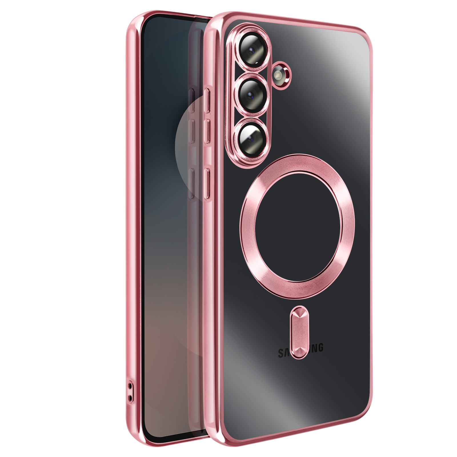 Een roségouden telefoonhoesje met een doorzichtige achterkant en zwart interieur. Het heeft camera-uitsparingen en een cirkelvormig ontwerp.