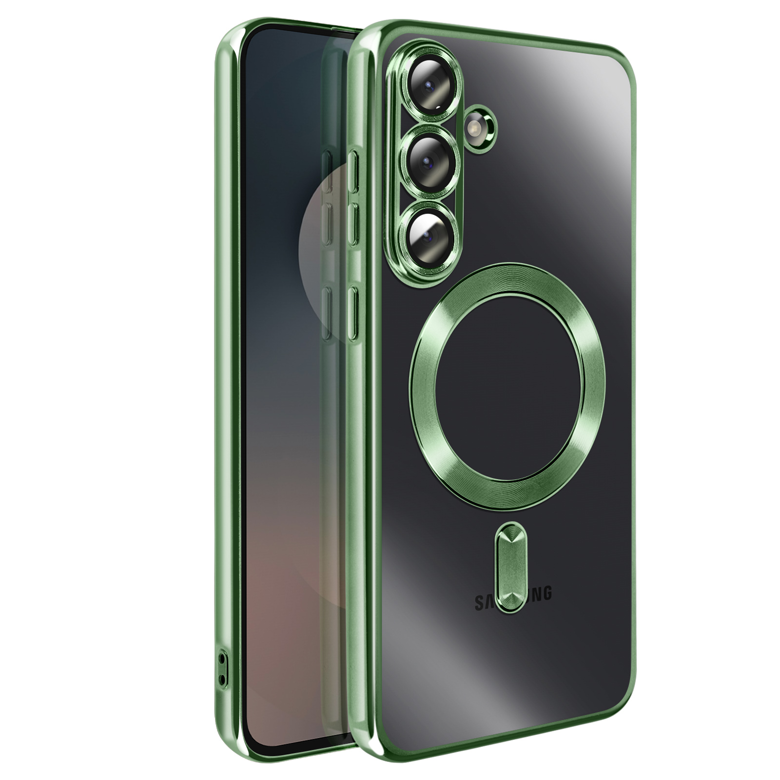 Een groene telefoonhoes voor een smartphone, met een transparante achterkant en drie cameralenzen.
