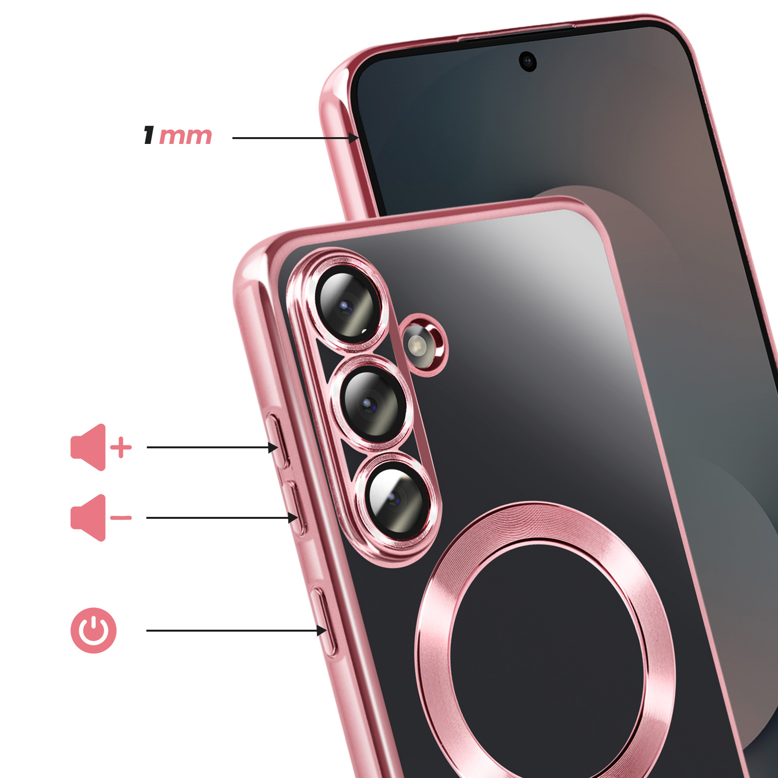 Een telefoon in een roségouden hoesje wordt getoond. Pijlen wijzen naar de volume- en aan/uit-knoppen. De hoes heeft een cameraring.