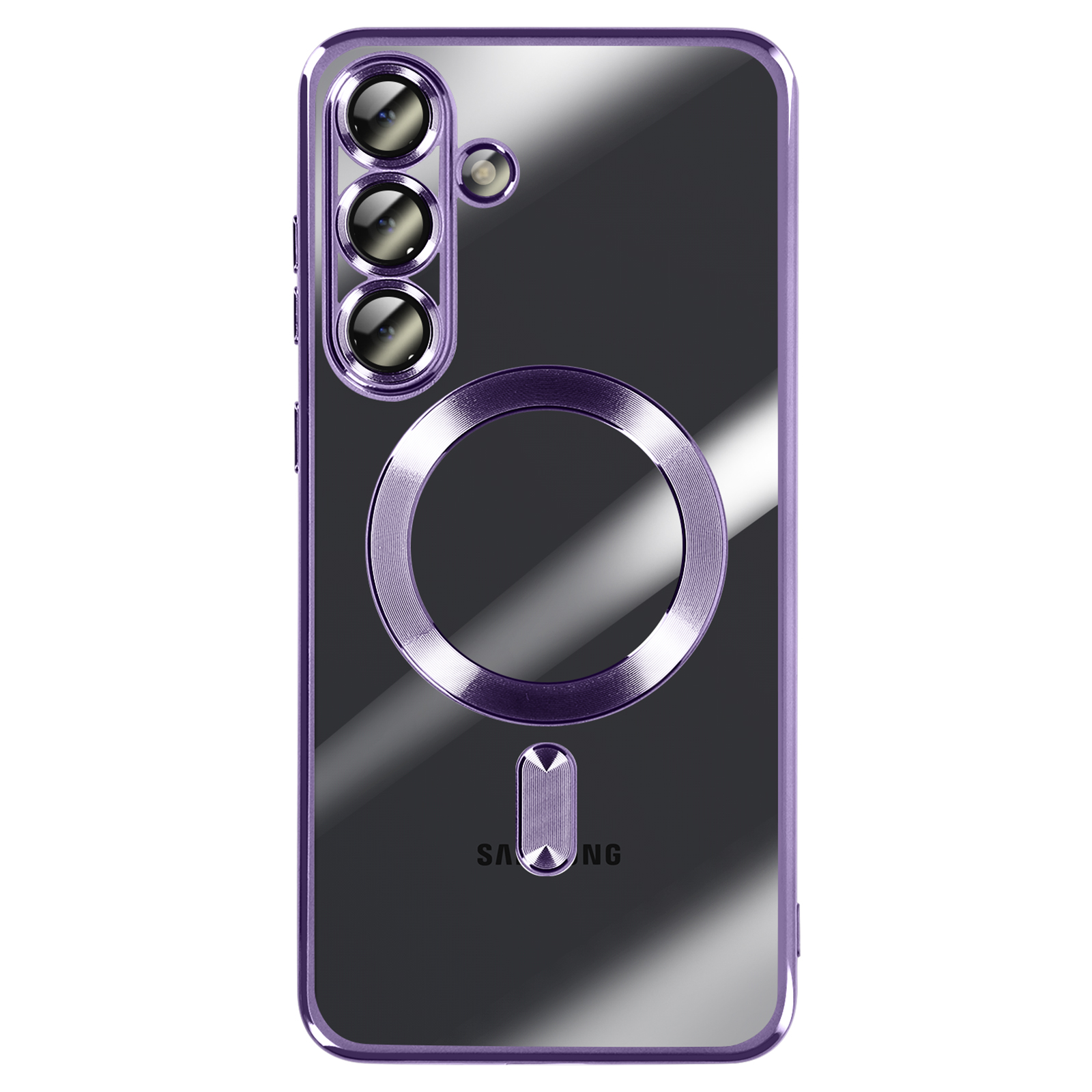 Een transparante telefoonhoes met een paars frame en accenten. Het heeft een camera-uitsparing en een magnetische ring.
