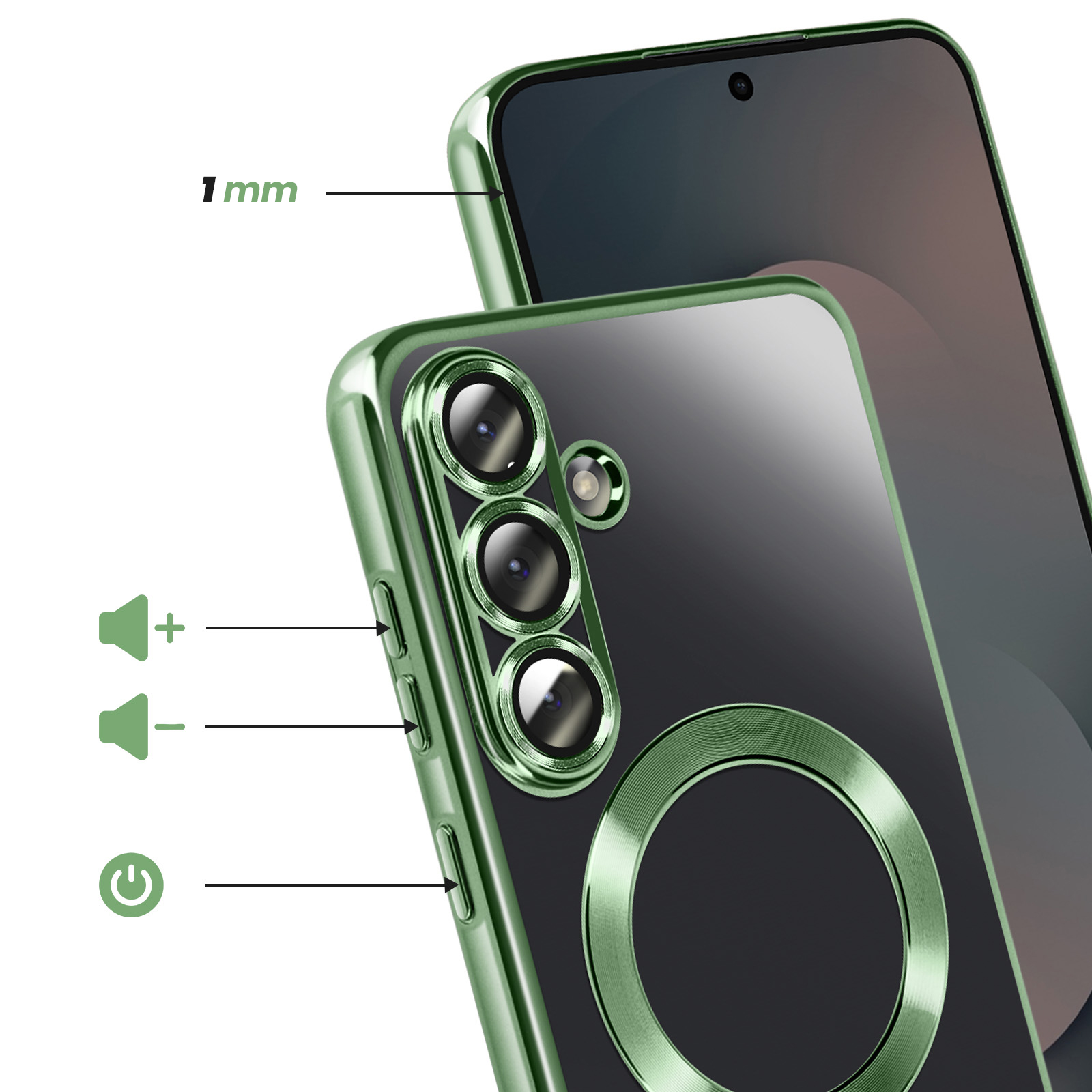 Een groene telefoonhoes wordt getoond, met cameralenzen en volumeknoppen.