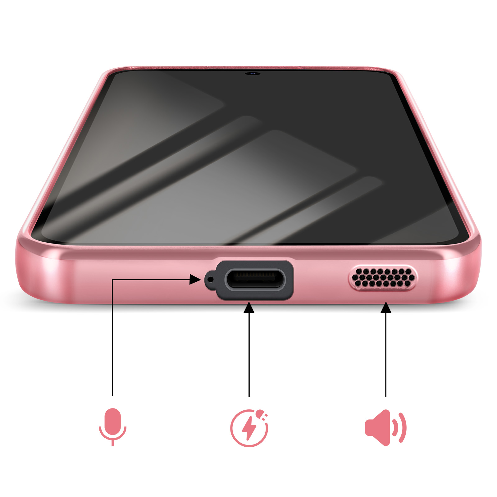 Roze smartphone, met oplaadpoort, luidspreker en microfoon. Pijlen wijzen naar elk onderdeel.