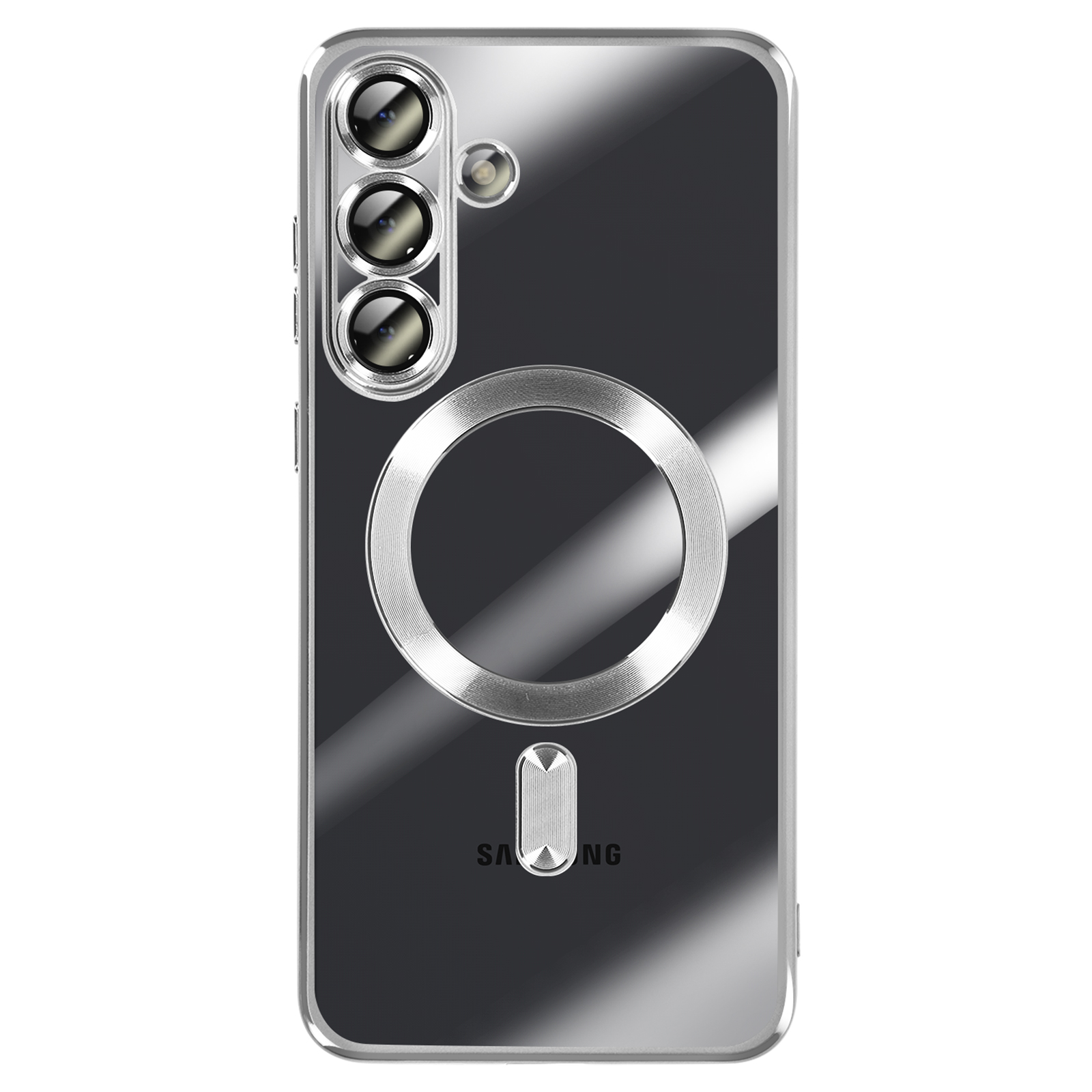 Coque de téléphone transparente. Elle possède un module caméra à trois lentilles et un anneau magnétique au dos. Samsung imprimé.