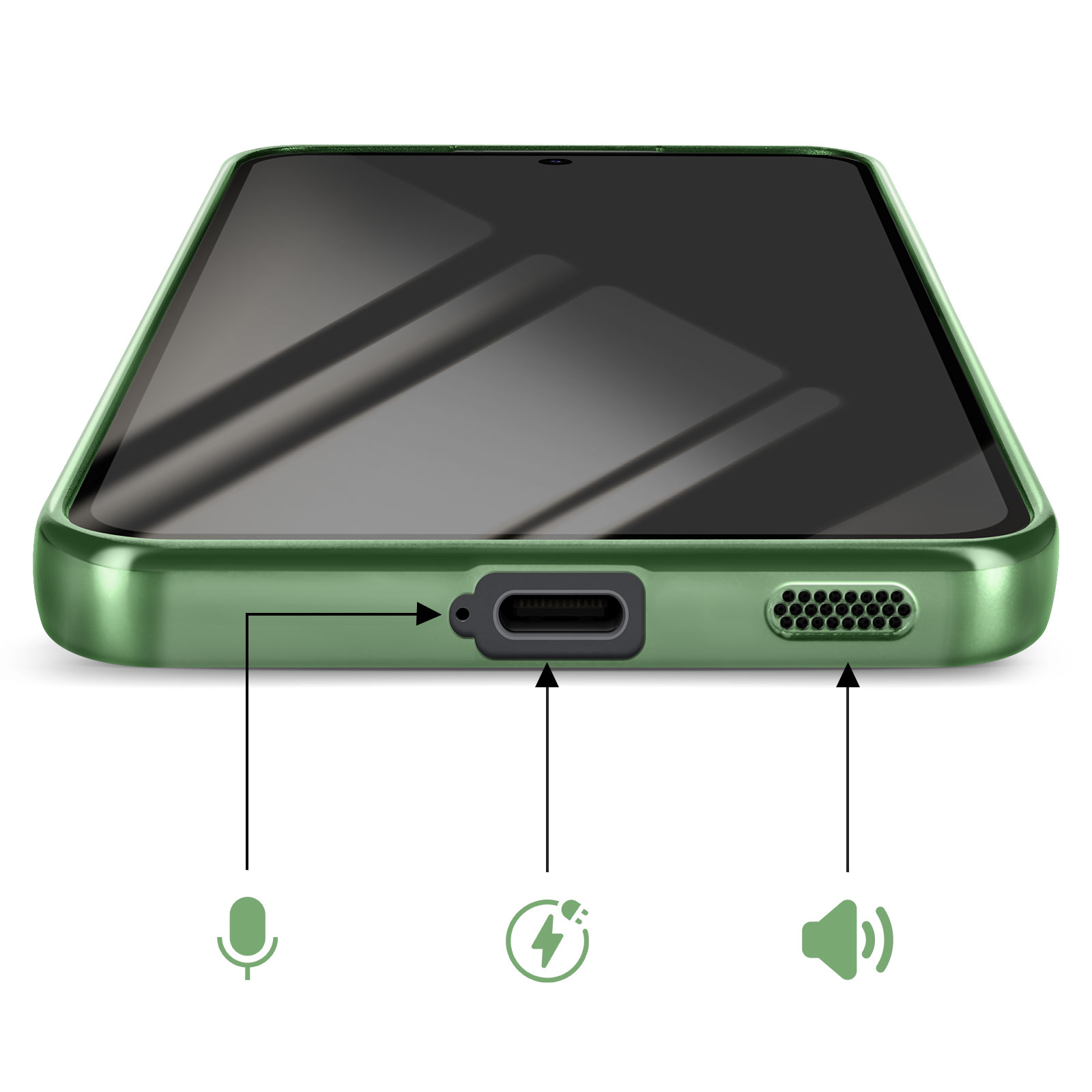 Groene telefoonhoes met zwart scherm en functies aan de onderkant zoals microfoon, oplaadpoort en luidspreker.