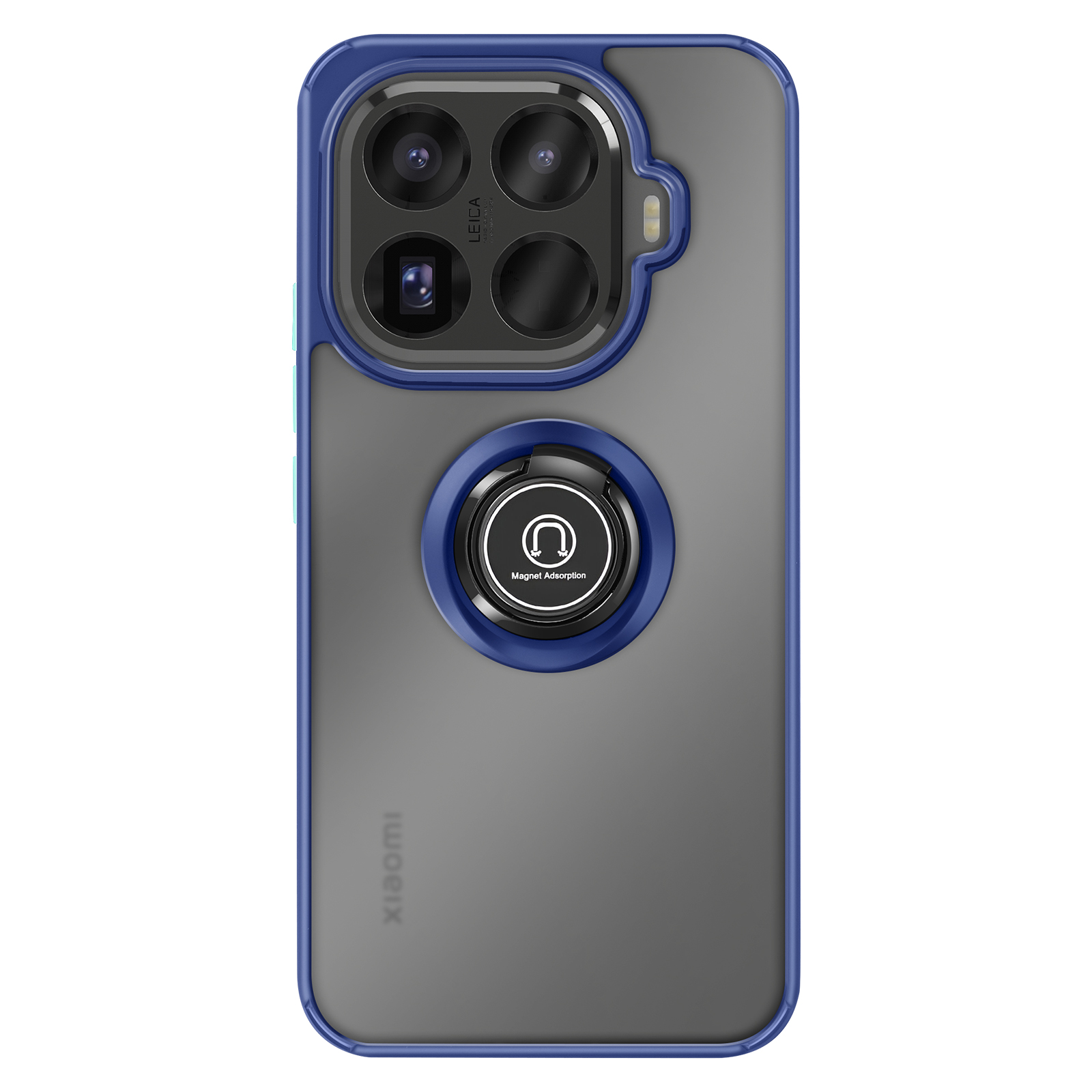 Een telefoonhoesje met een blauw frame, grijze achterkant en zwarte ringhouder. De hoes heeft een camera-uitsparing. Het merk is Xiaomi.