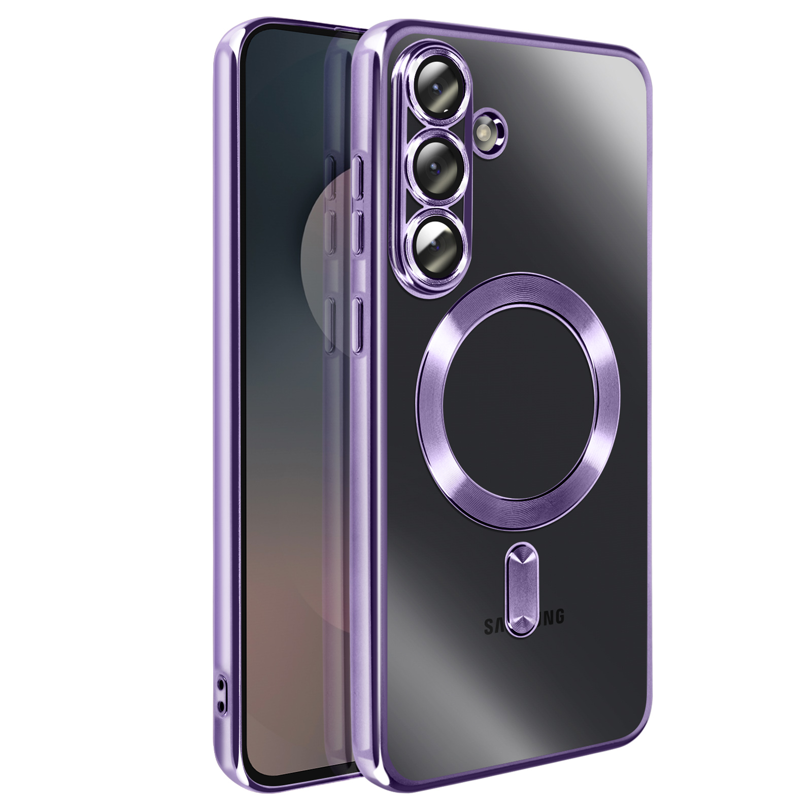 Paarse telefoonhoes met camera-uitsparingen en een cirkelvormige magnetische ring. De telefoon zit in de hoes.