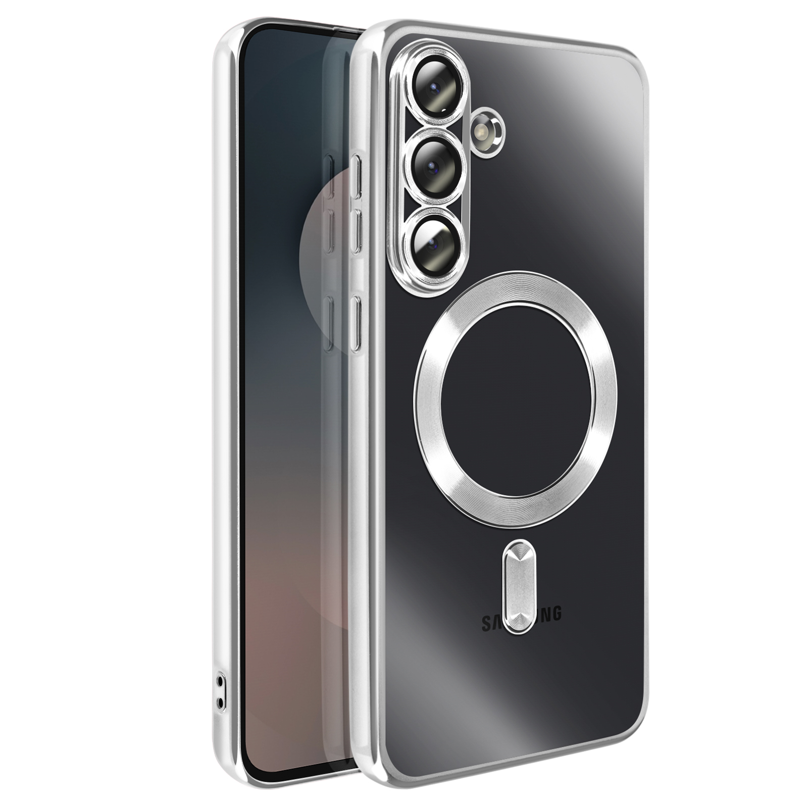 Une coque de téléphone transparente avec un anneau argenté au dos. Elle a trois lentilles de caméra et le logo Samsung.