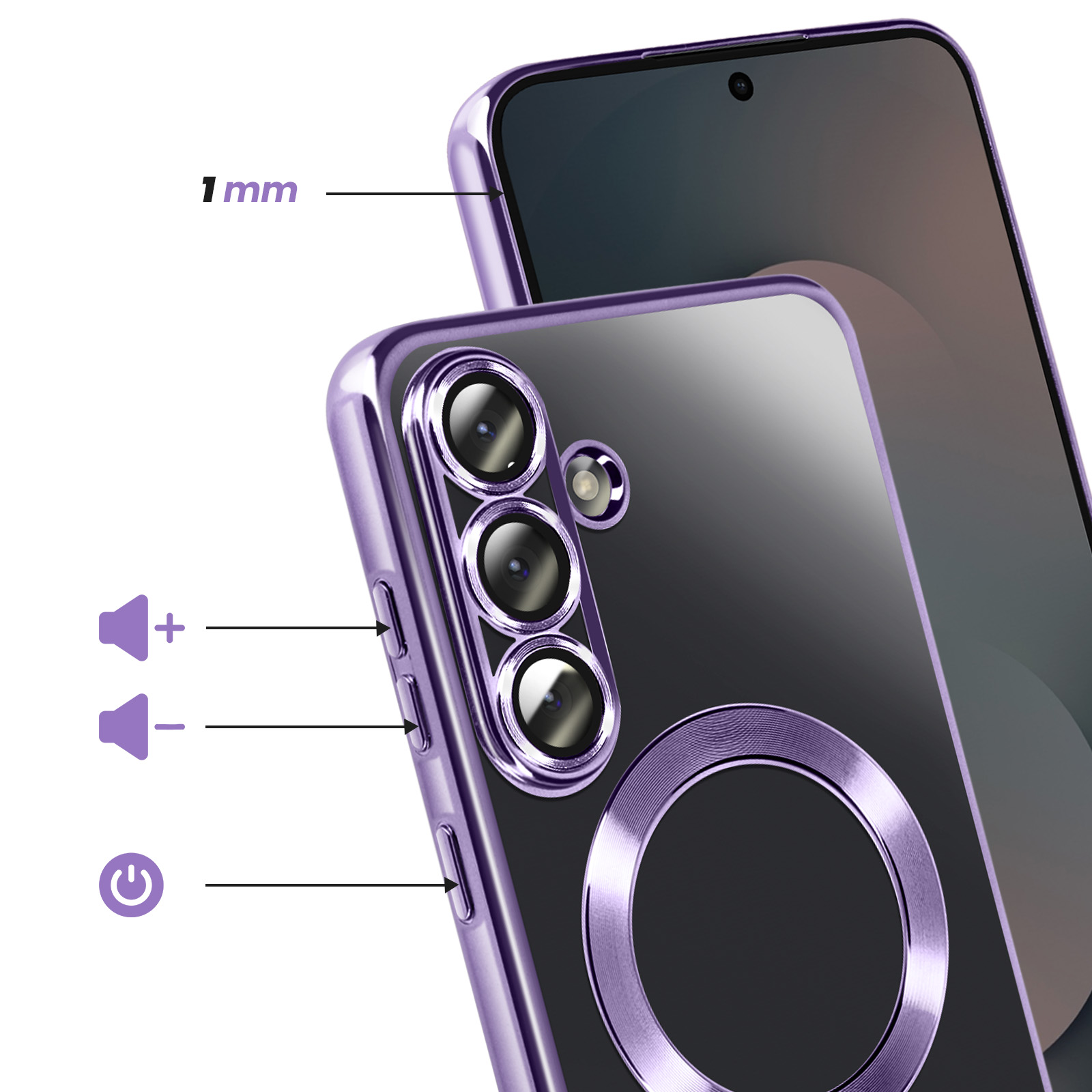 Een telefoonhoesje met paarse accenten. Telefoon heeft 3 camera's en volume/aan-uit-knoppen. Hoesje heeft een ring.