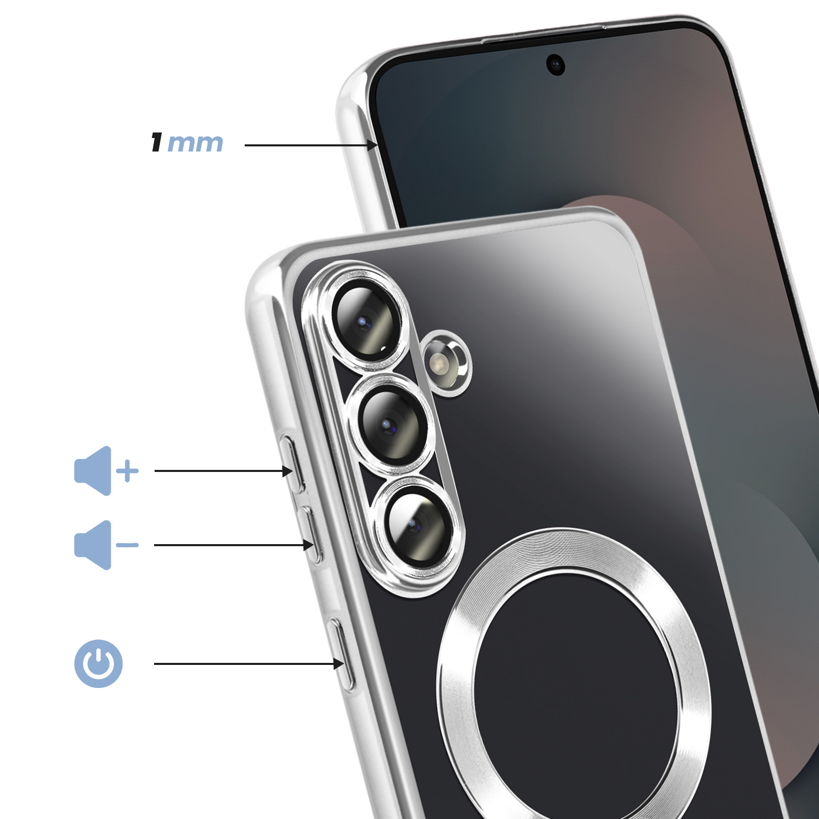 Un étui de téléphone transparent montre les caméras, les boutons et un anneau argenté à l'arrière du téléphone.