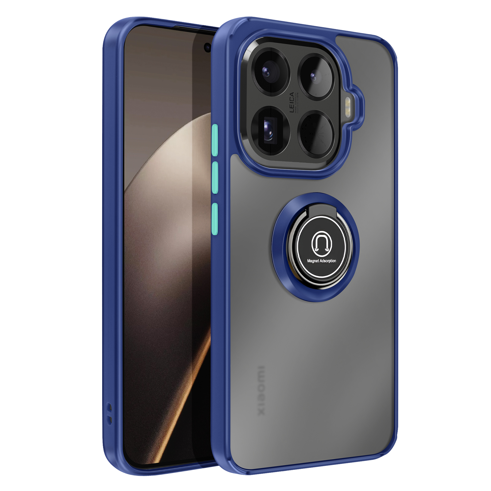 Een Xiaomi-telefoon met een blauwe hoes en ringhouder wordt weergegeven tegen een witte achtergrond.