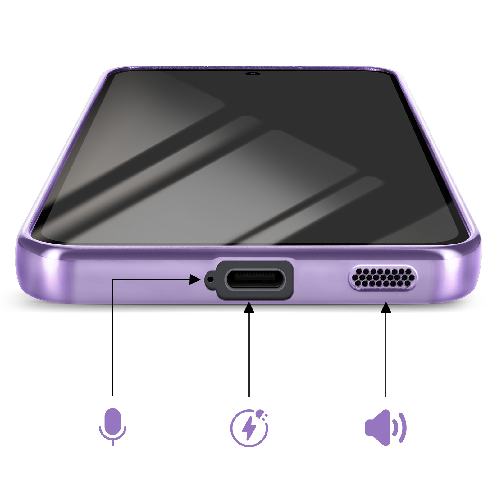 Een close-up van een paarse smartphone. Zichtbaar zijn de oplaadpoort, de luidspreker en de microfoon. Het scherm is zwart.
