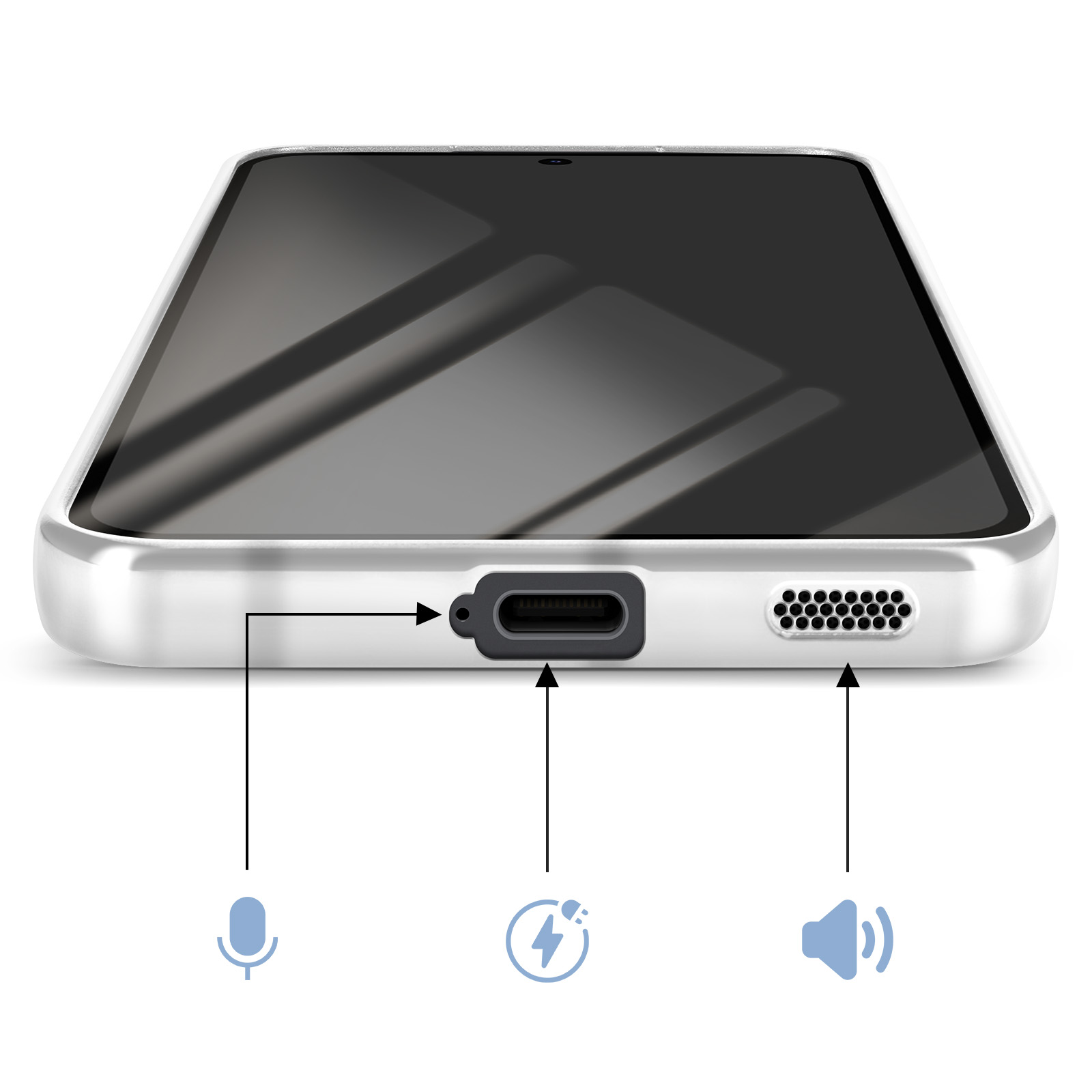 Bord inférieur d'un smartphone, montrant un microphone, un port de charge et un haut-parleur. L'écran est sombre.
