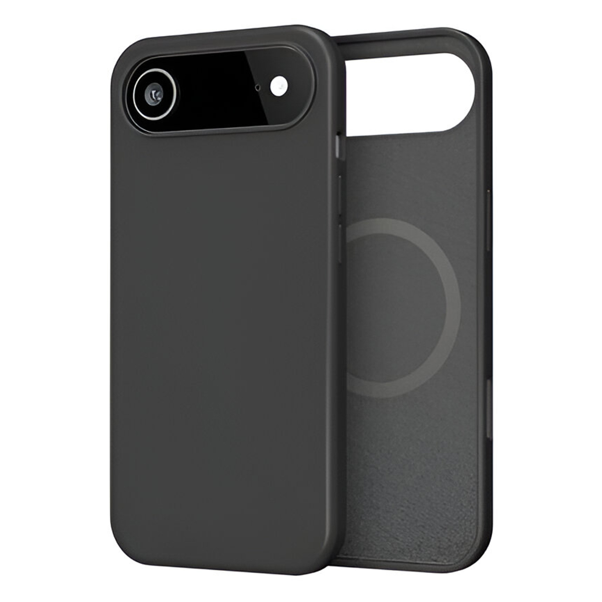 Una custodia nera per telefono, con un ritaglio per fotocamera e flash. L'interno mostra un cerchio magnetico. La custodia è staccata.