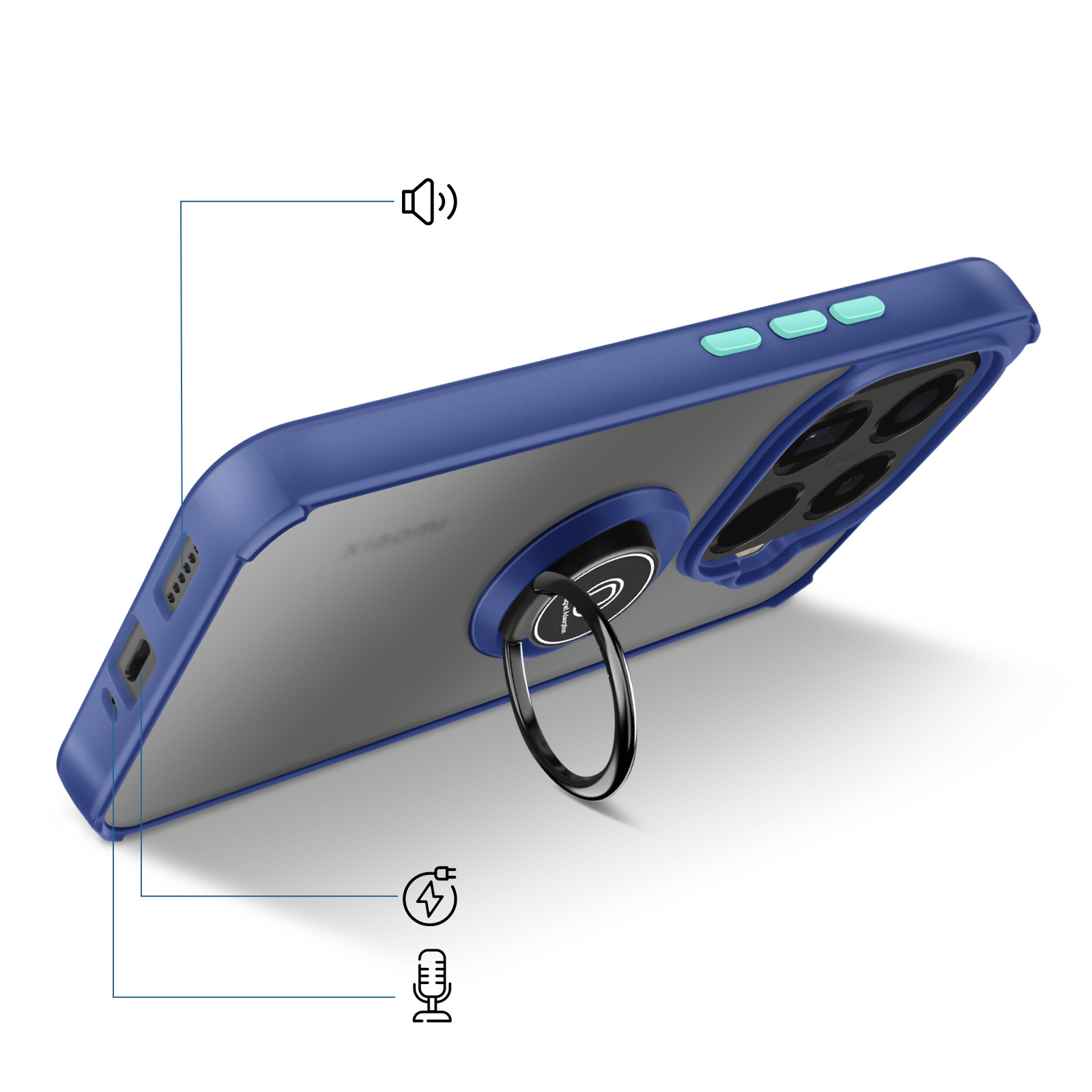 Een telefoonhoesje met een blauw frame, transparante achterkant en een ringhouder. Het heeft knoppen en een oplaadpoort.