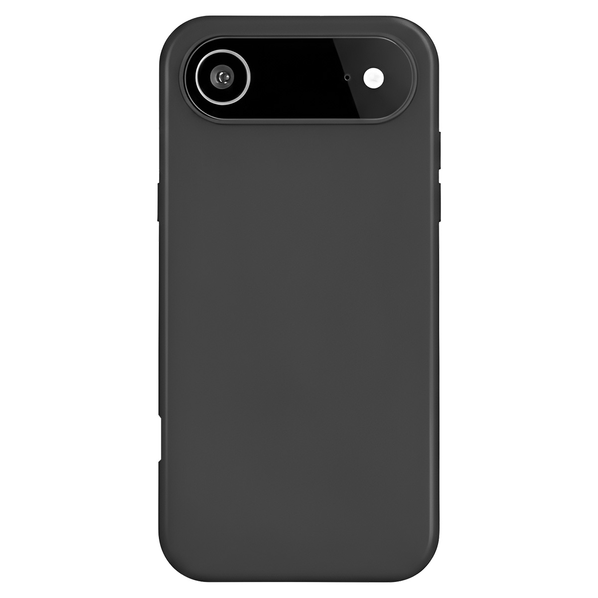 Una custodia per telefono grigio scuro, con fotocamera e flash. La custodia ha angoli arrotondati e una texture liscia. L'obiettivo della fotocamera è prominente.