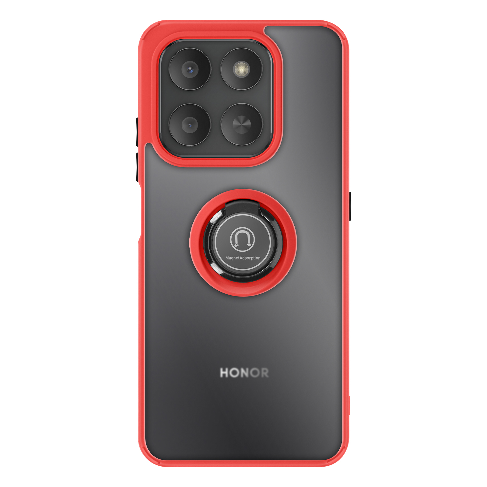 Telefoonhoesje met rode rand, zwarte achterkant, vier cameralenzen en een magnetische ringhouder.