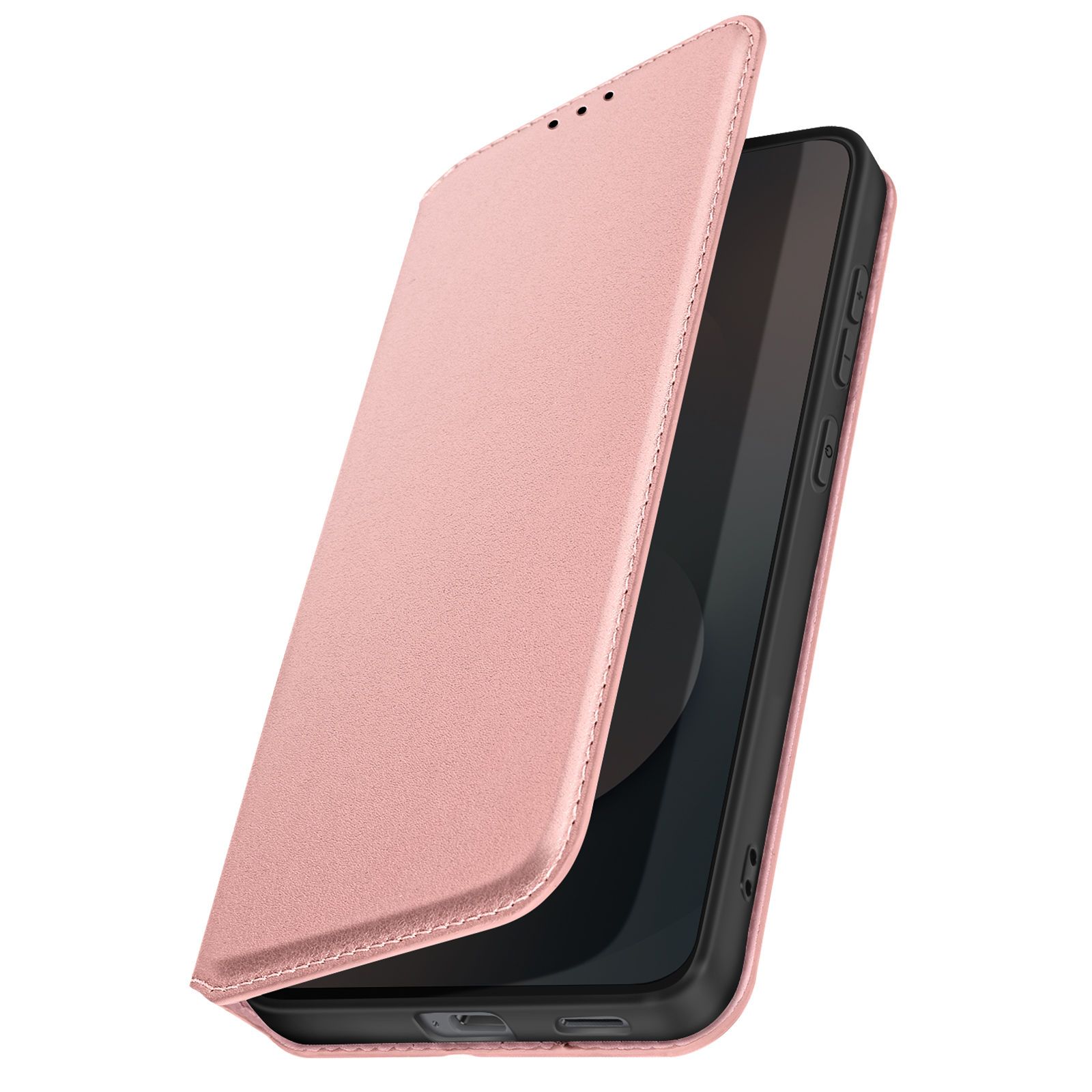 Una custodia rosa per telefono con la cover leggermente aperta, che mostra un telefono nero. Lo sfondo è bianco.