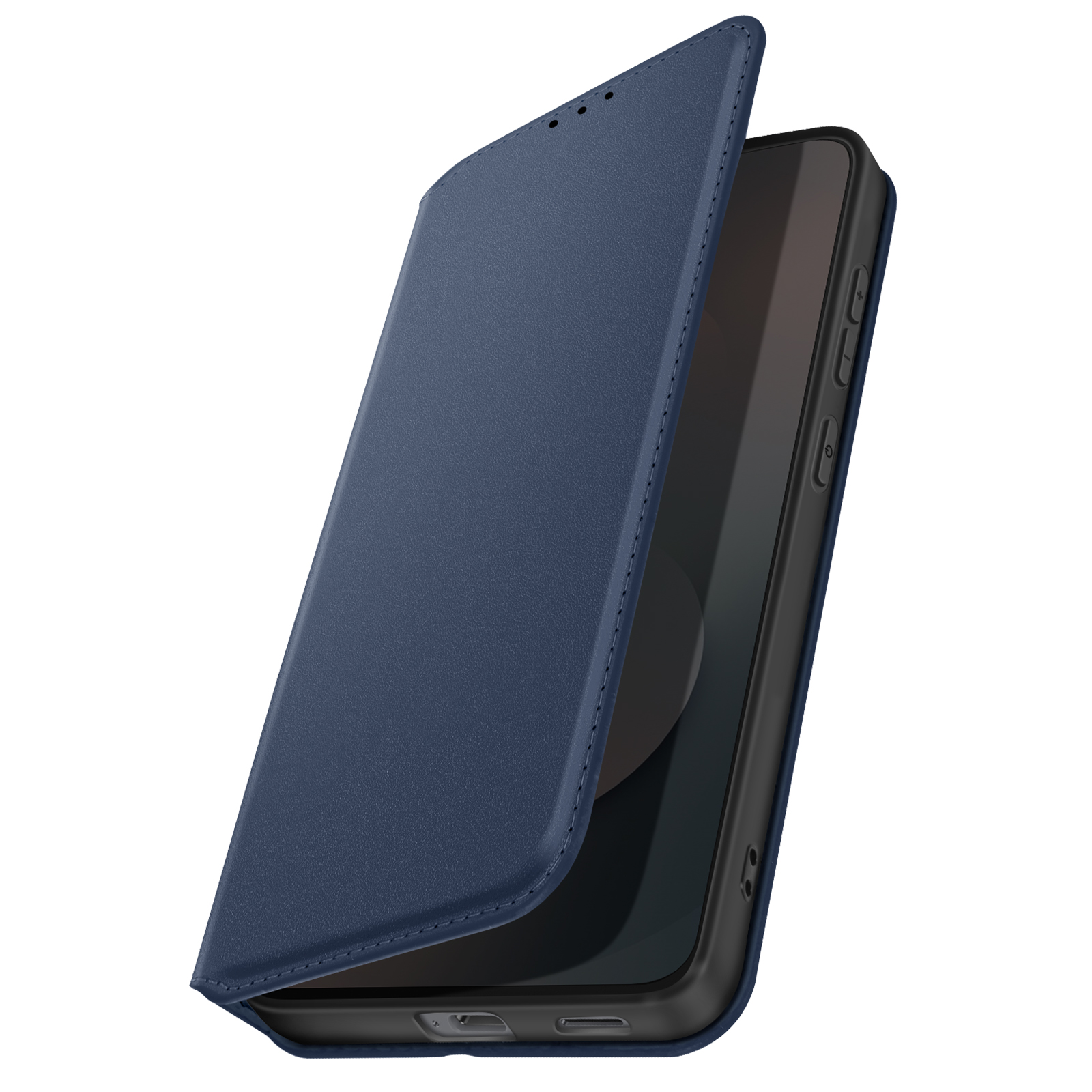Una custodia blu per telefono è aperta, rivelando un telefono nero. La custodia ha una superficie strutturata e bordi cuciti.