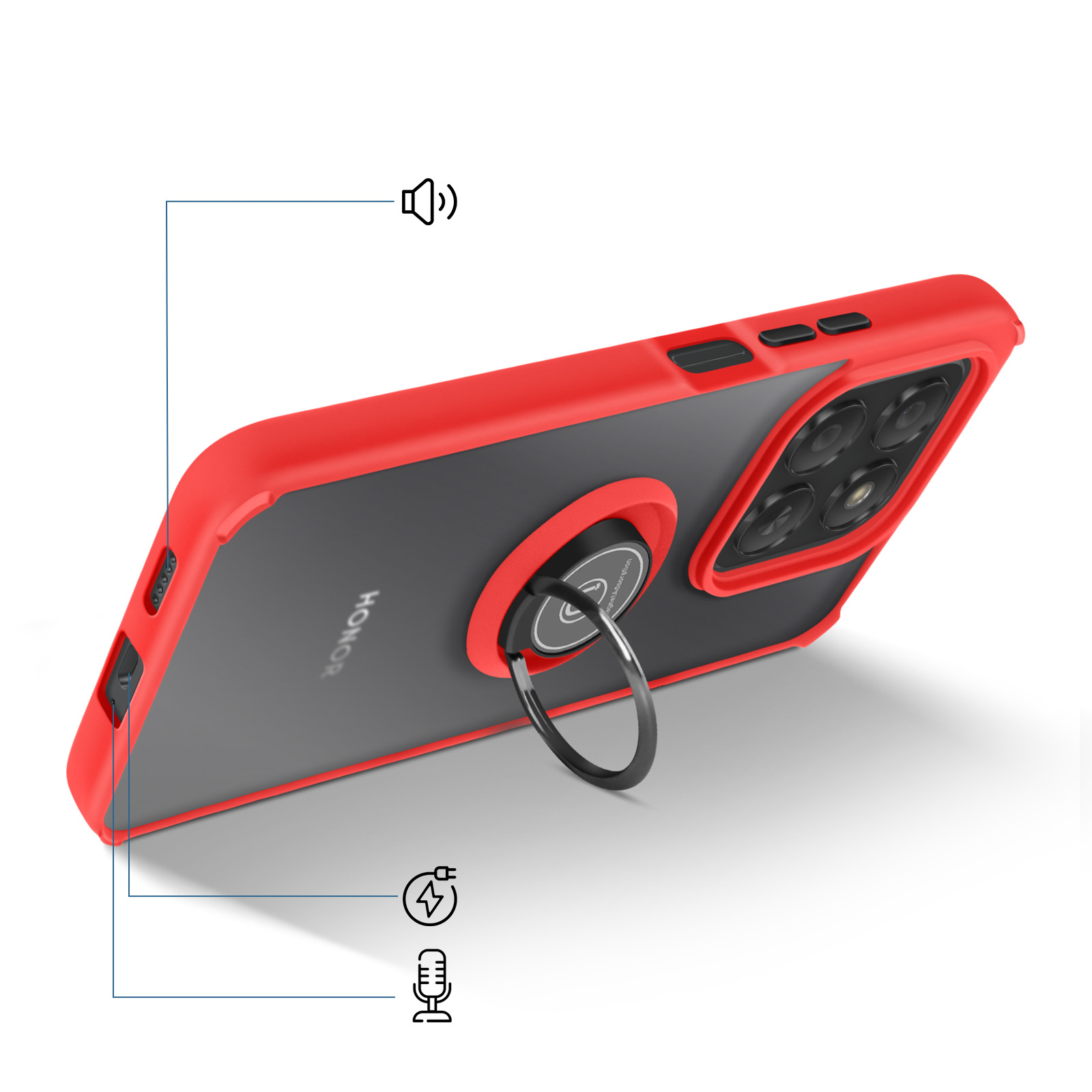 Rode en zwarte telefoonhoes met ringhouder. Telefoonhoes heeft microfoon- en oplaadsymbolen.