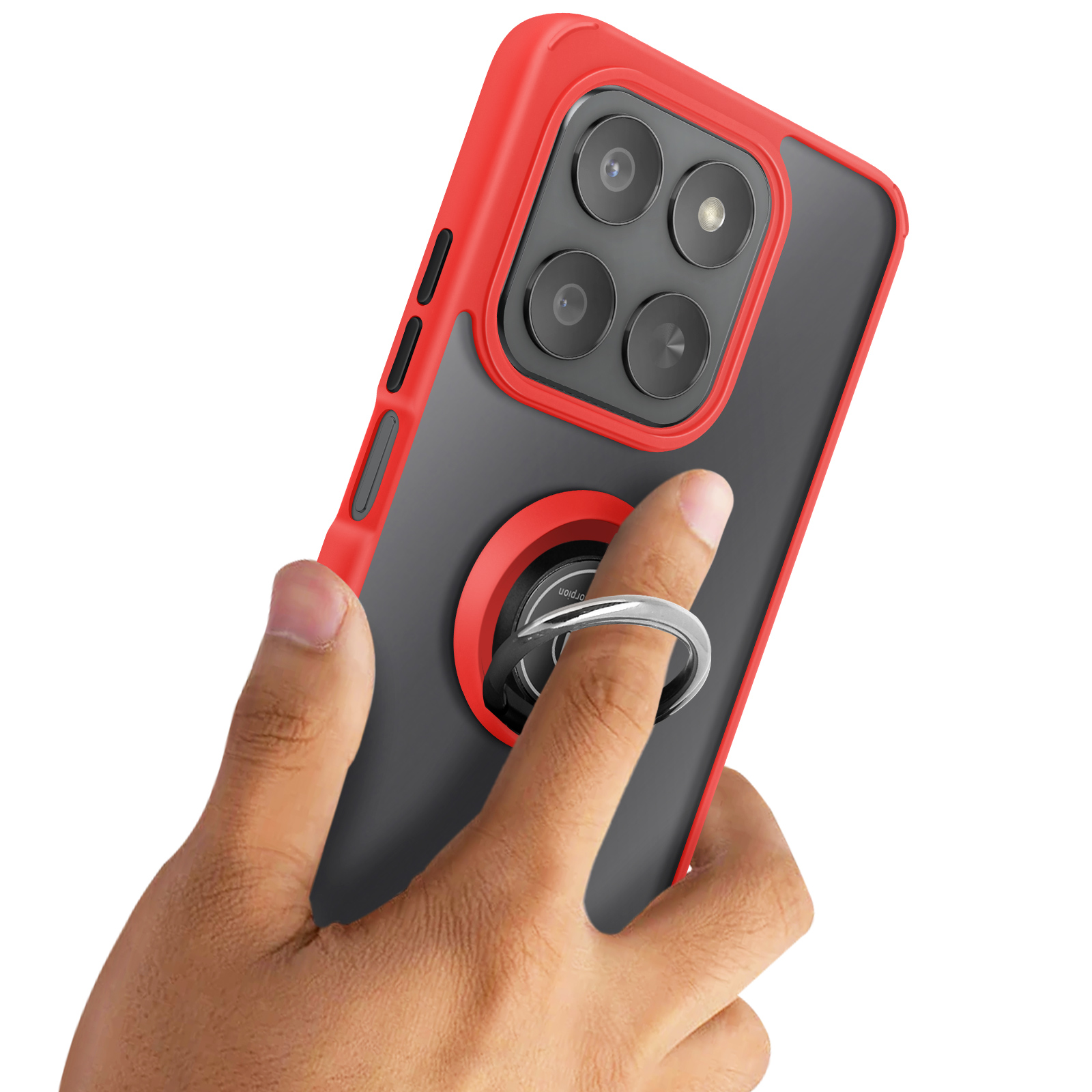 Hand die een telefoon met een rode hoes vasthoudt. De telefoon heeft een ringhouder. De achtergrond is wit.