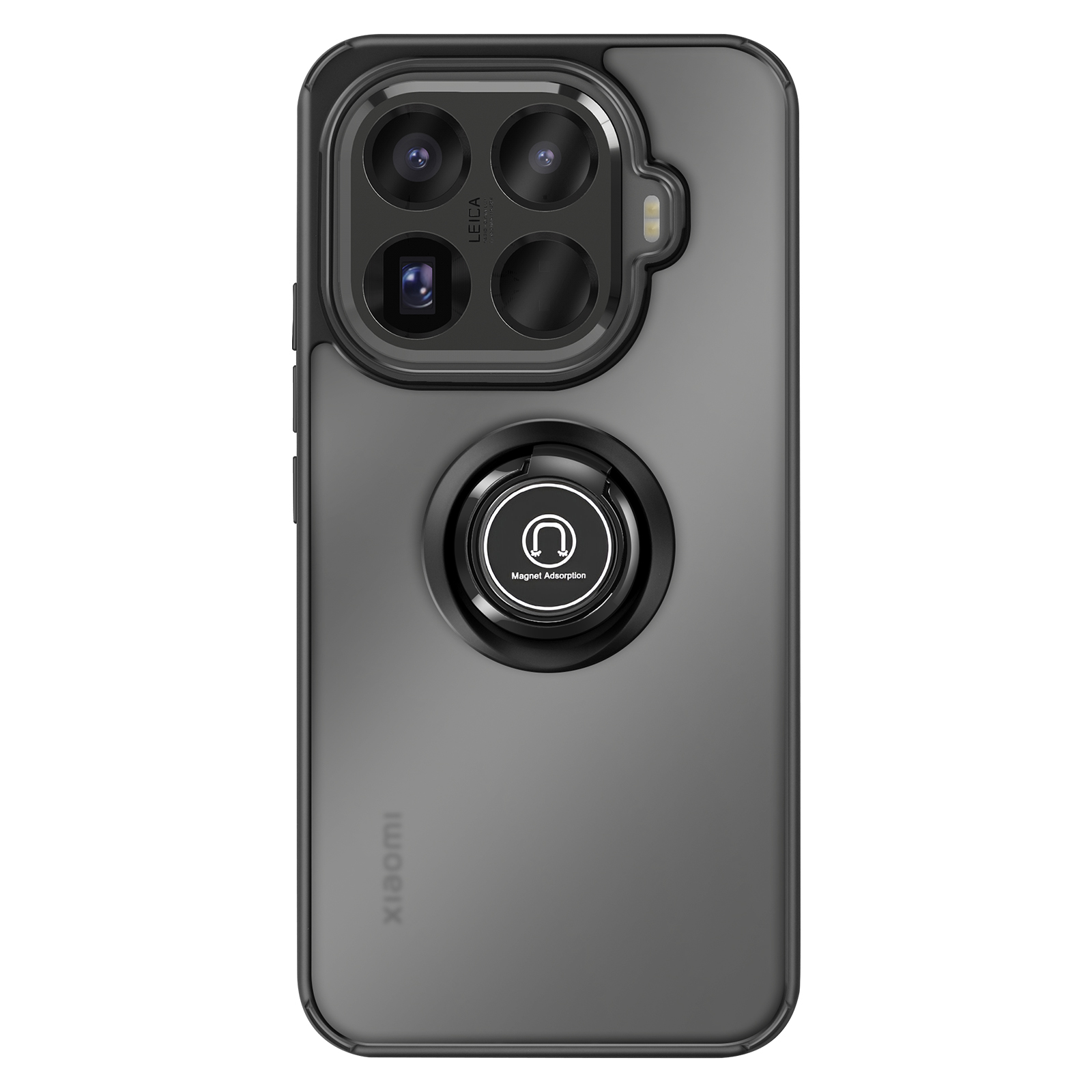 Een telefoonhoesje met een cameramodule. Het heeft een ringhouder. De hoes is zwart en heeft het Xiaomi-logo.